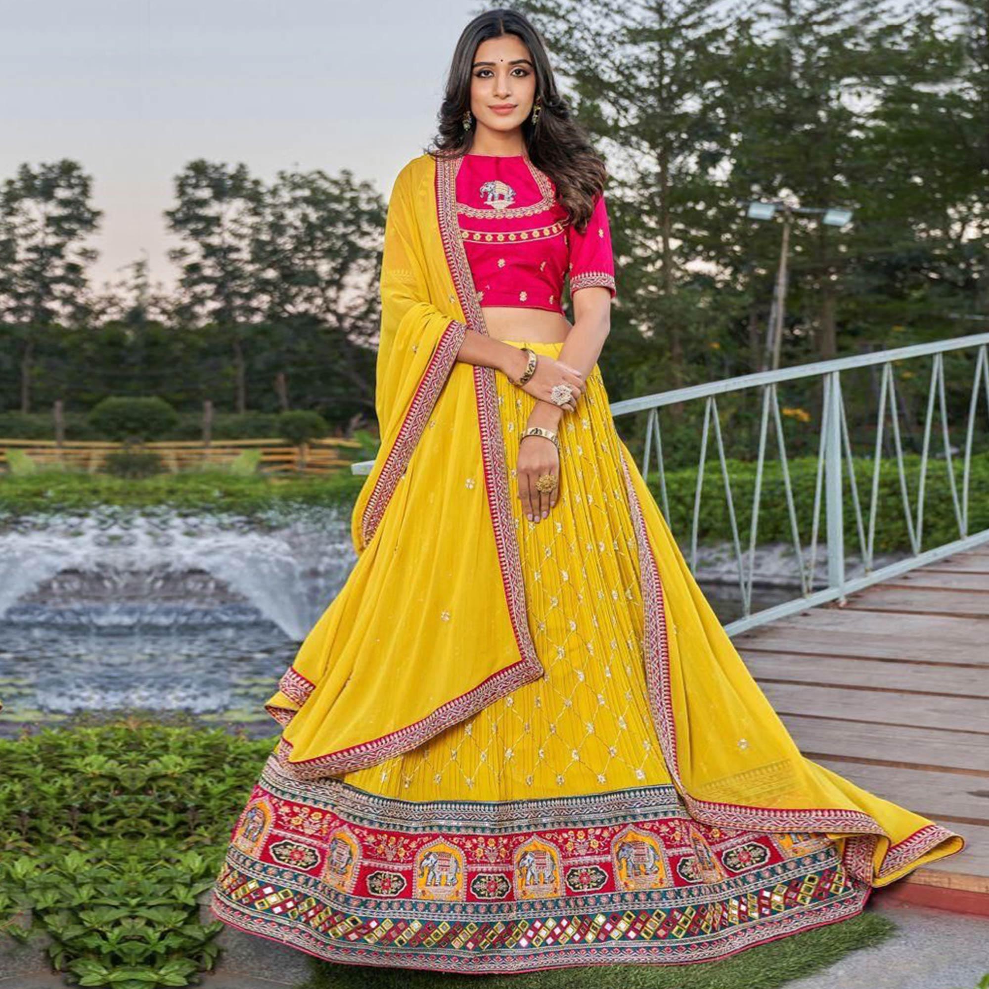 Yellow Partywear Embroidered Georgette Lehenga Choli - Peachmode