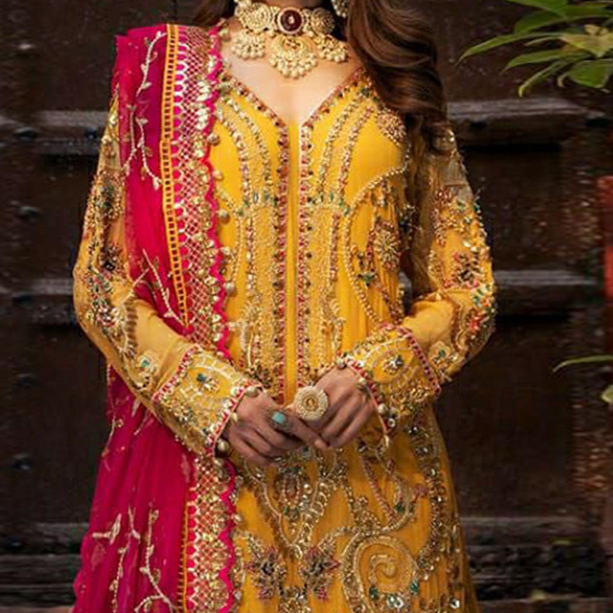 Yellow Partywear Embroidered Georgette Pakistani Suit - Peachmode