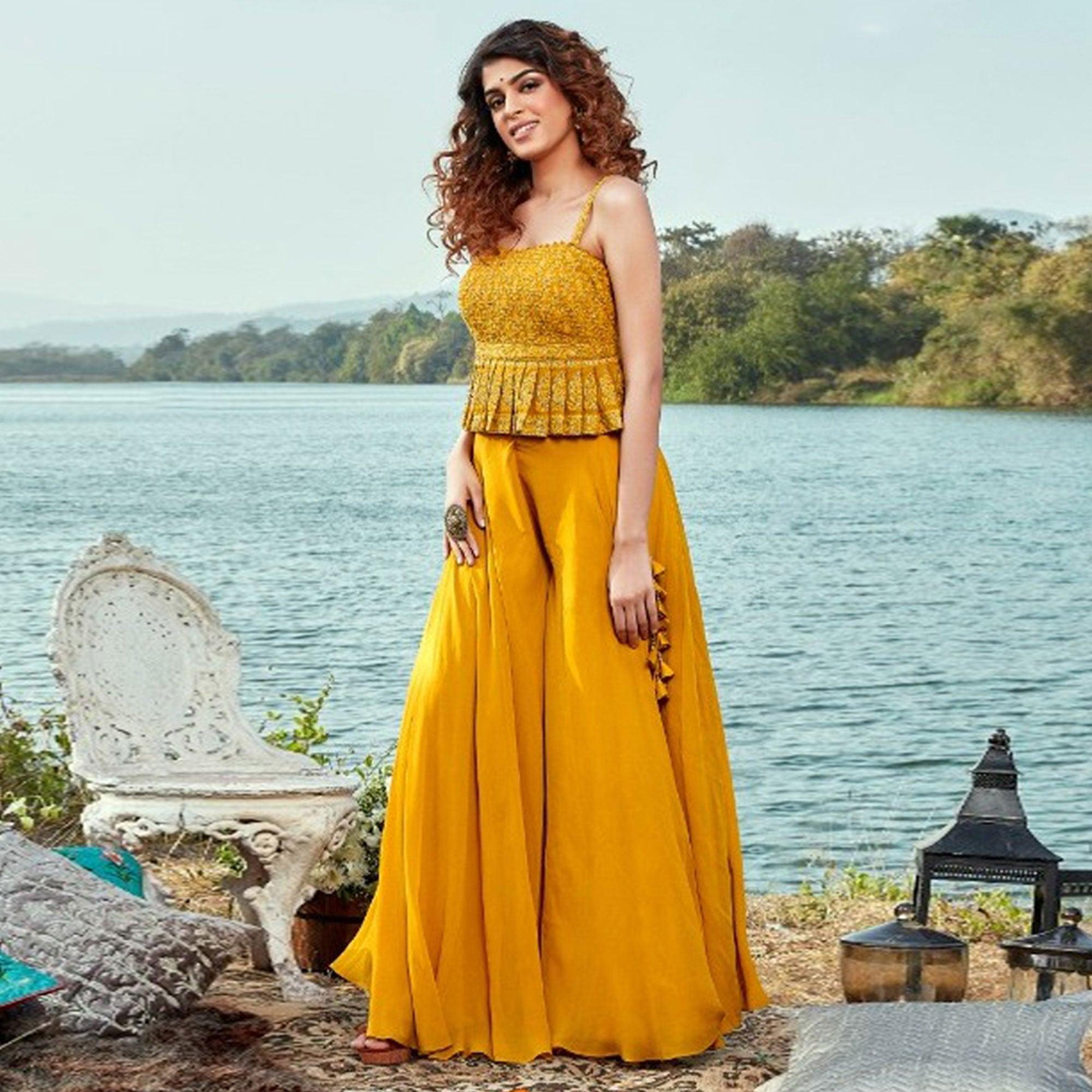 Yellow Partywear Embroidered Georgette Palazzo Suit - Peachmode