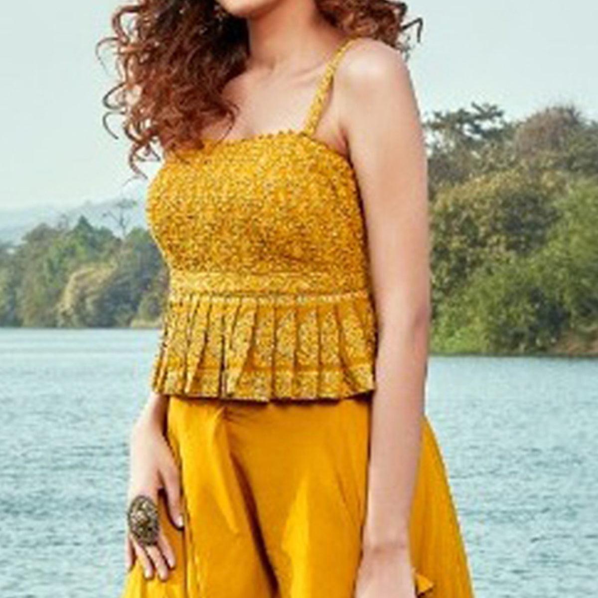 Yellow Partywear Embroidered Georgette Palazzo Suit - Peachmode