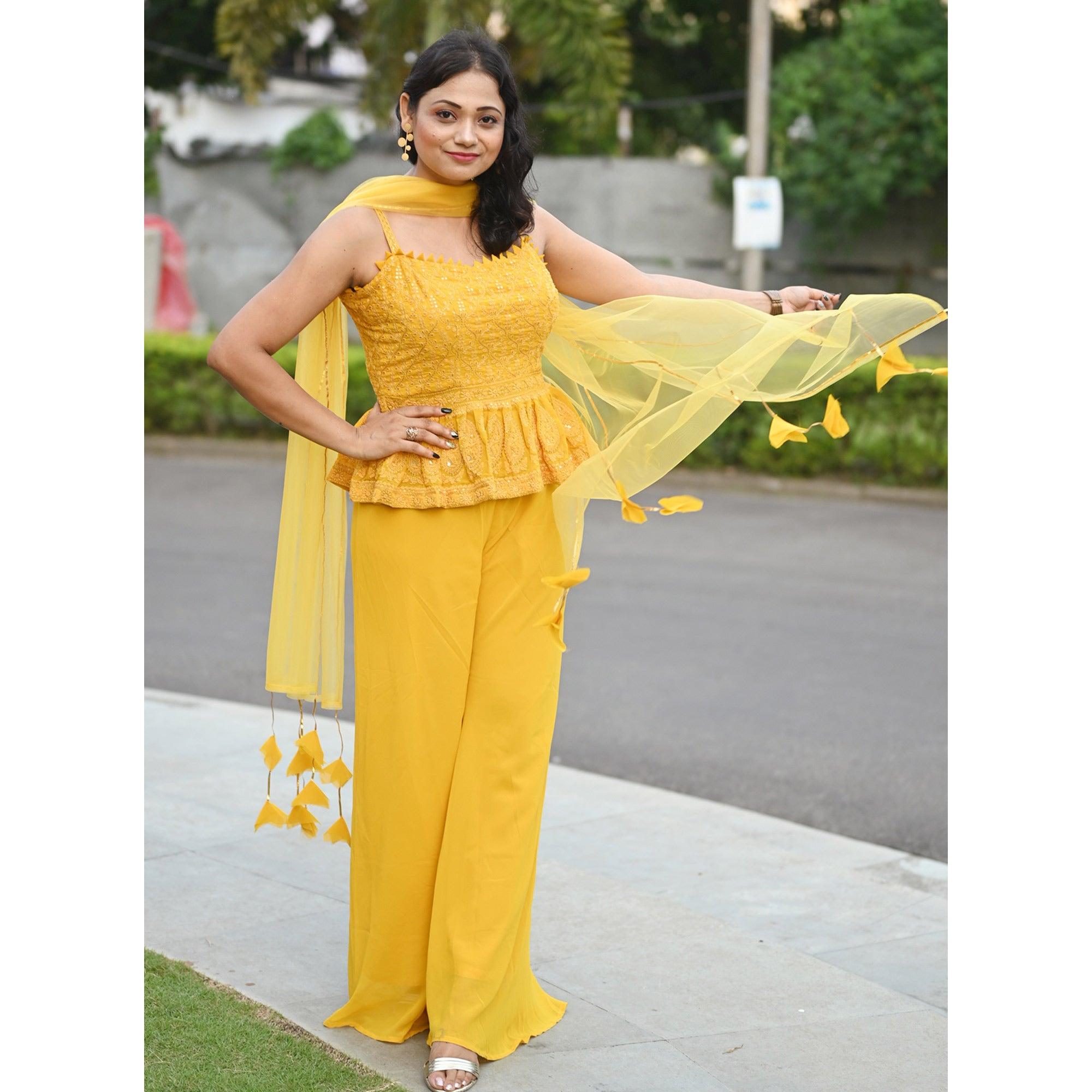 Yellow Partywear Embroidered Georgette Palazzo Suit - Peachmode