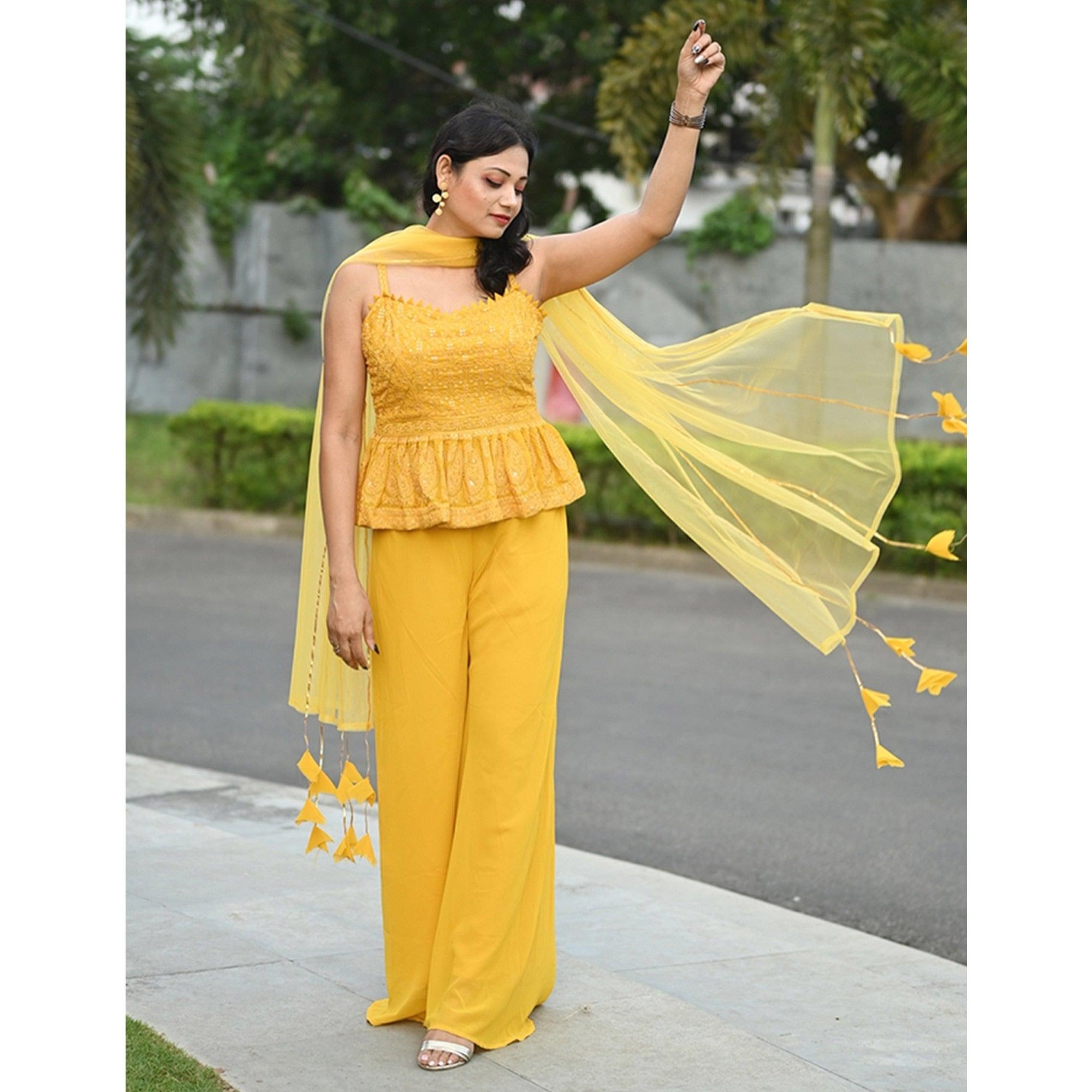 Yellow Partywear Embroidered Georgette Palazzo Suit - Peachmode