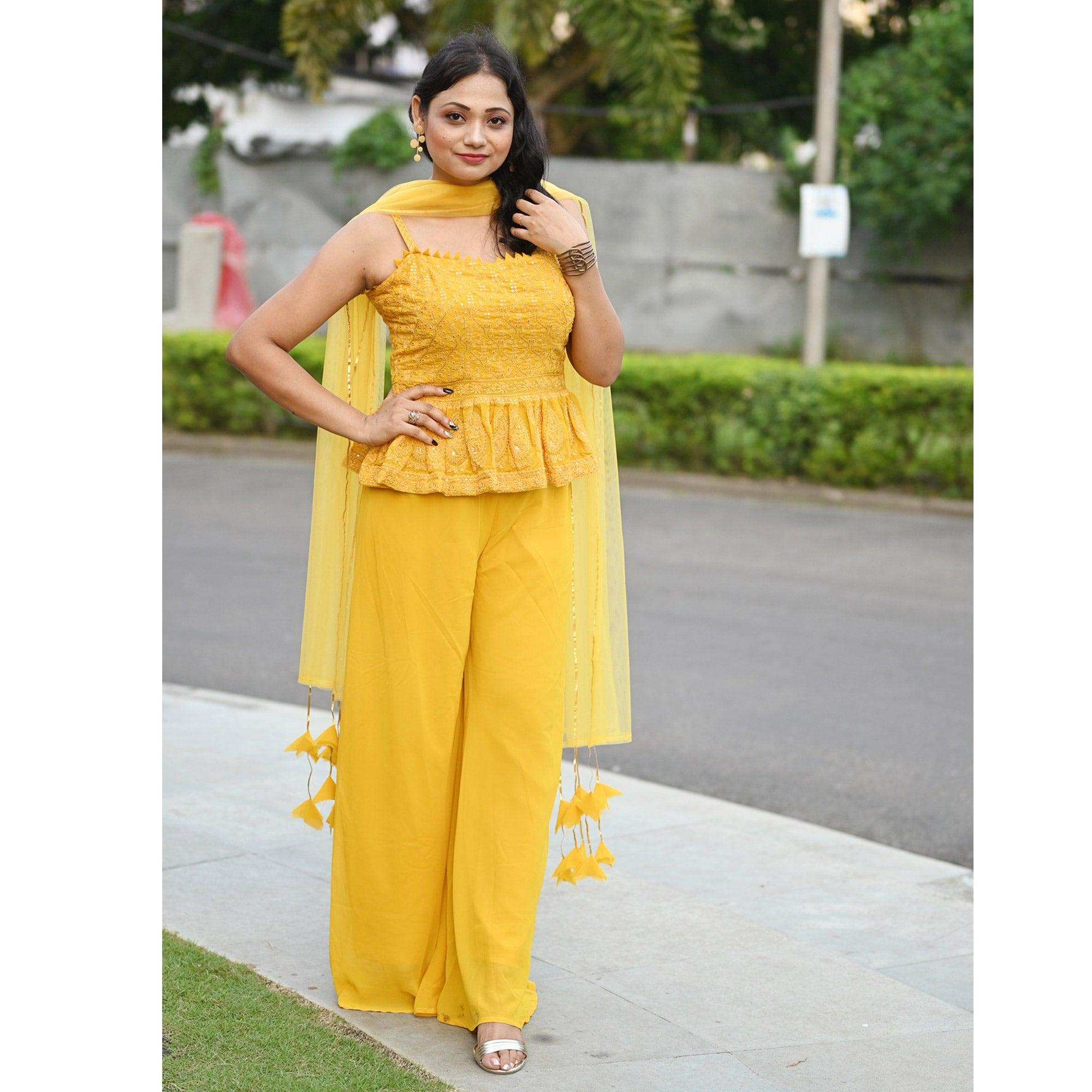 Yellow Partywear Embroidered Georgette Palazzo Suit - Peachmode