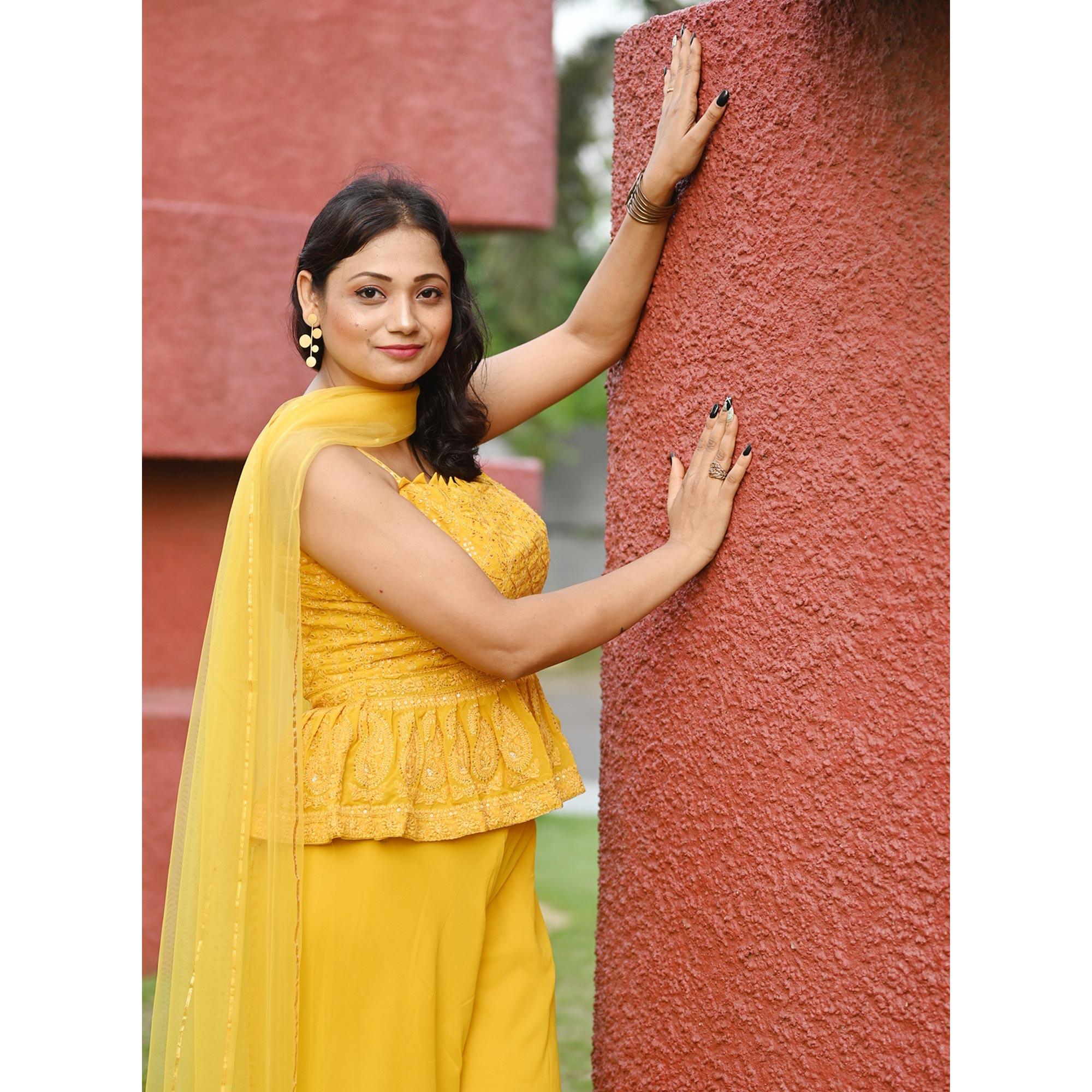 Yellow Partywear Embroidered Georgette Palazzo Suit - Peachmode