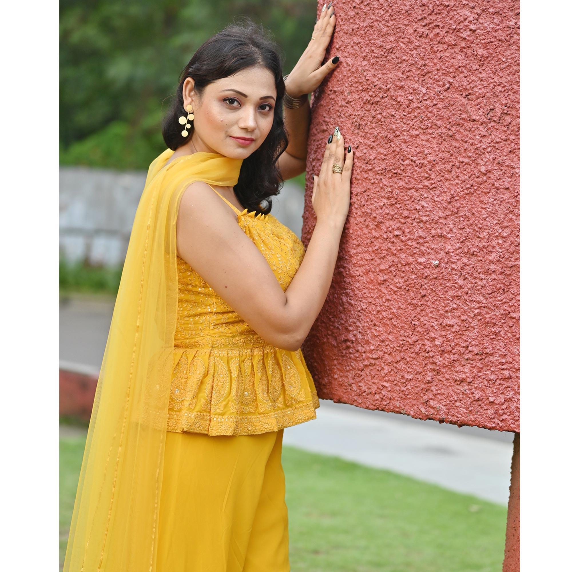 Yellow Partywear Embroidered Georgette Palazzo Suit - Peachmode