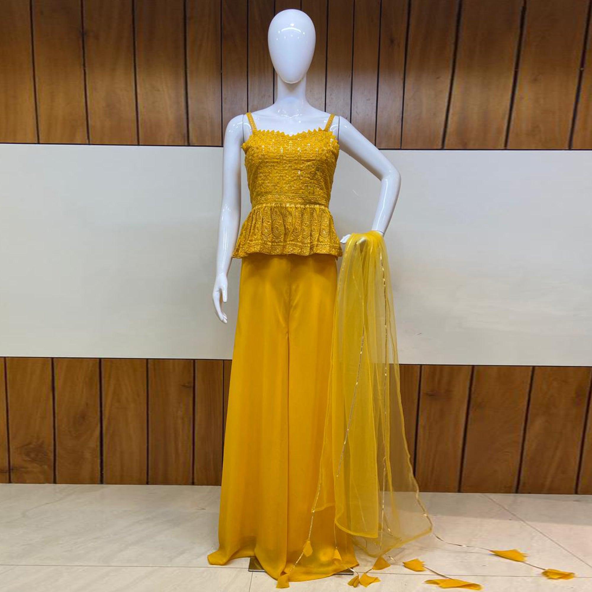 Yellow Partywear Embroidered Georgette Palazzo Suit - Peachmode
