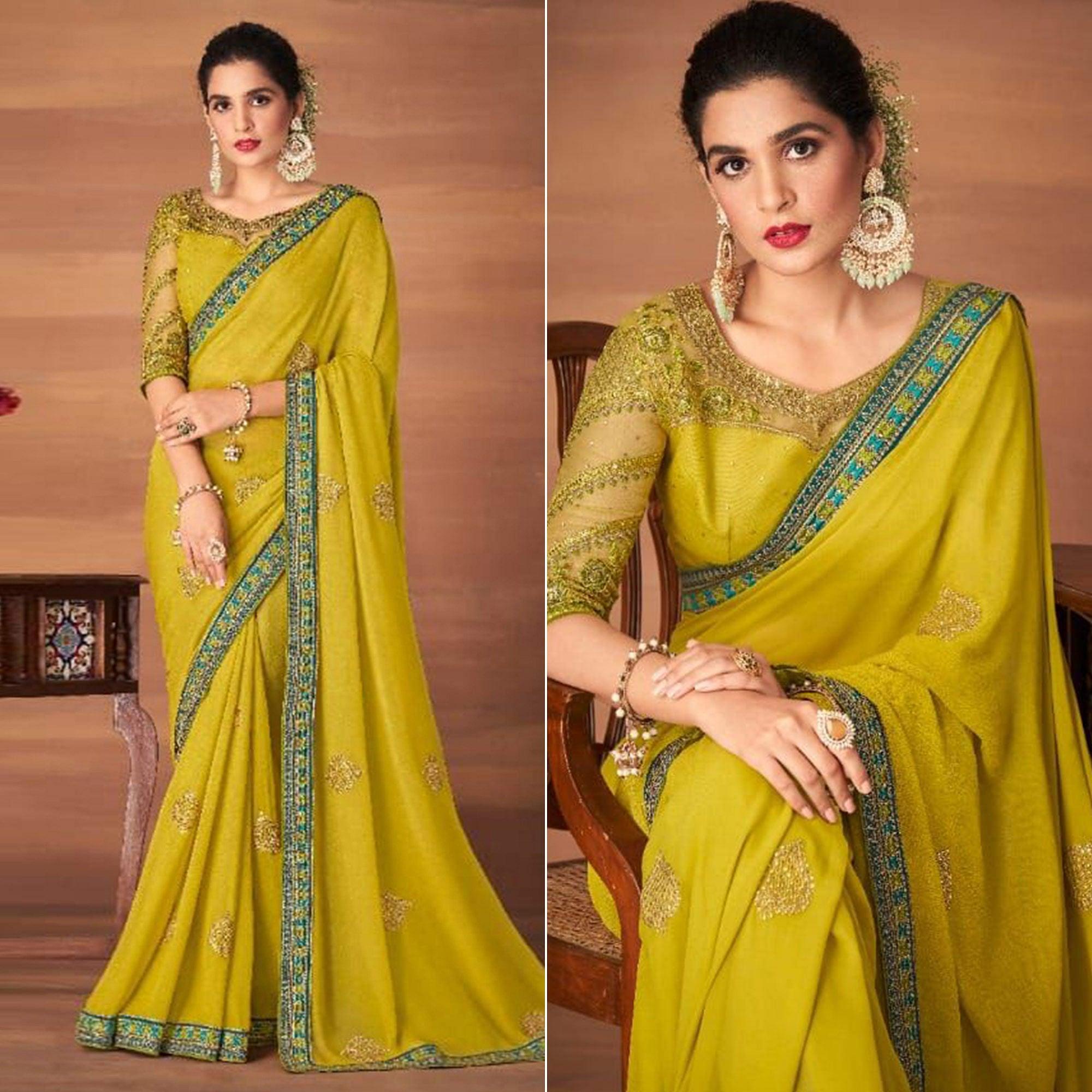 Yellow Partywear Embroidered Georgette Saree - Peachmode