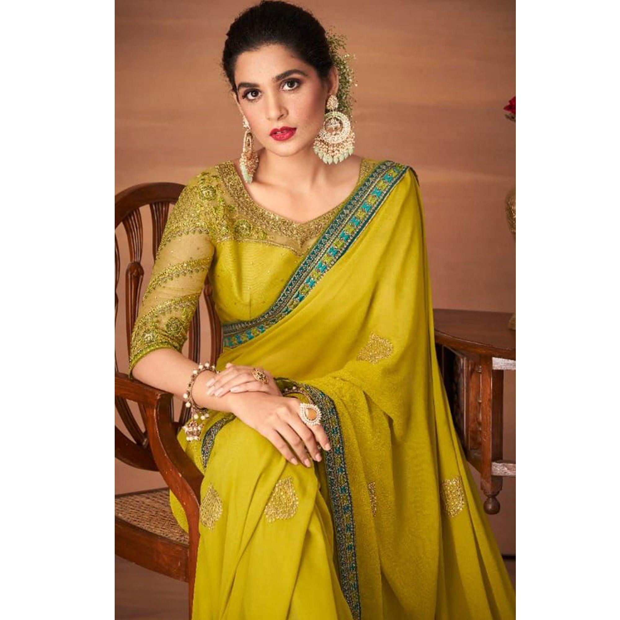 Yellow Partywear Embroidered Georgette Saree - Peachmode