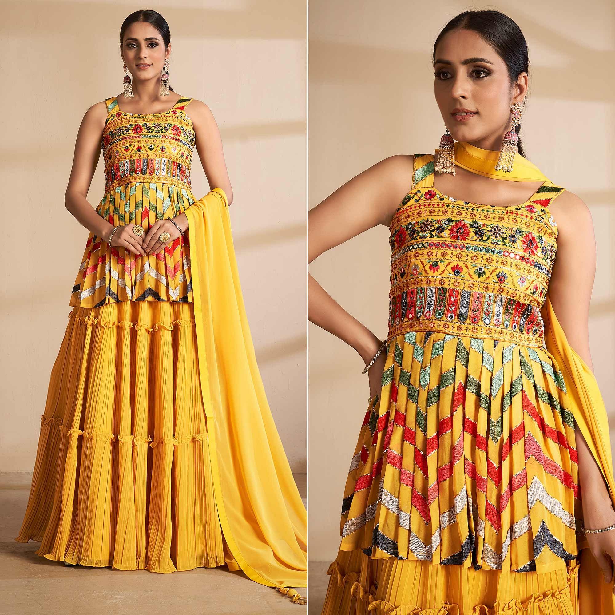Yellow Partywear Embroidered Georgette Sharara Suit - Peachmode