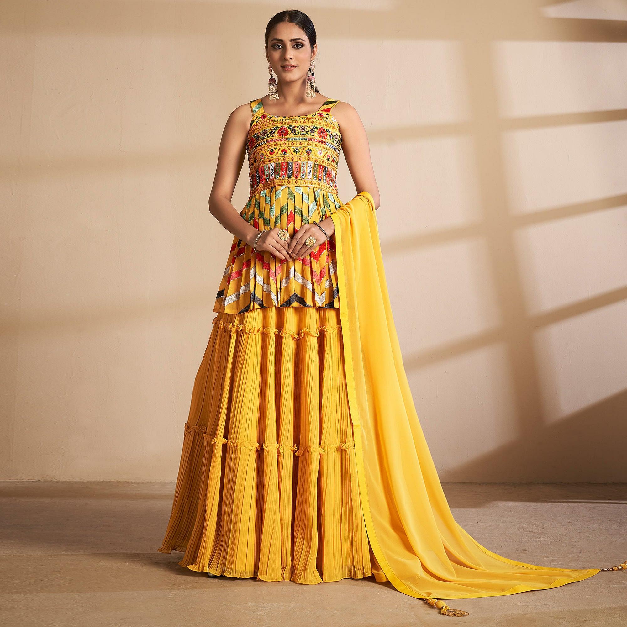 Yellow Partywear Embroidered Georgette Sharara Suit - Peachmode