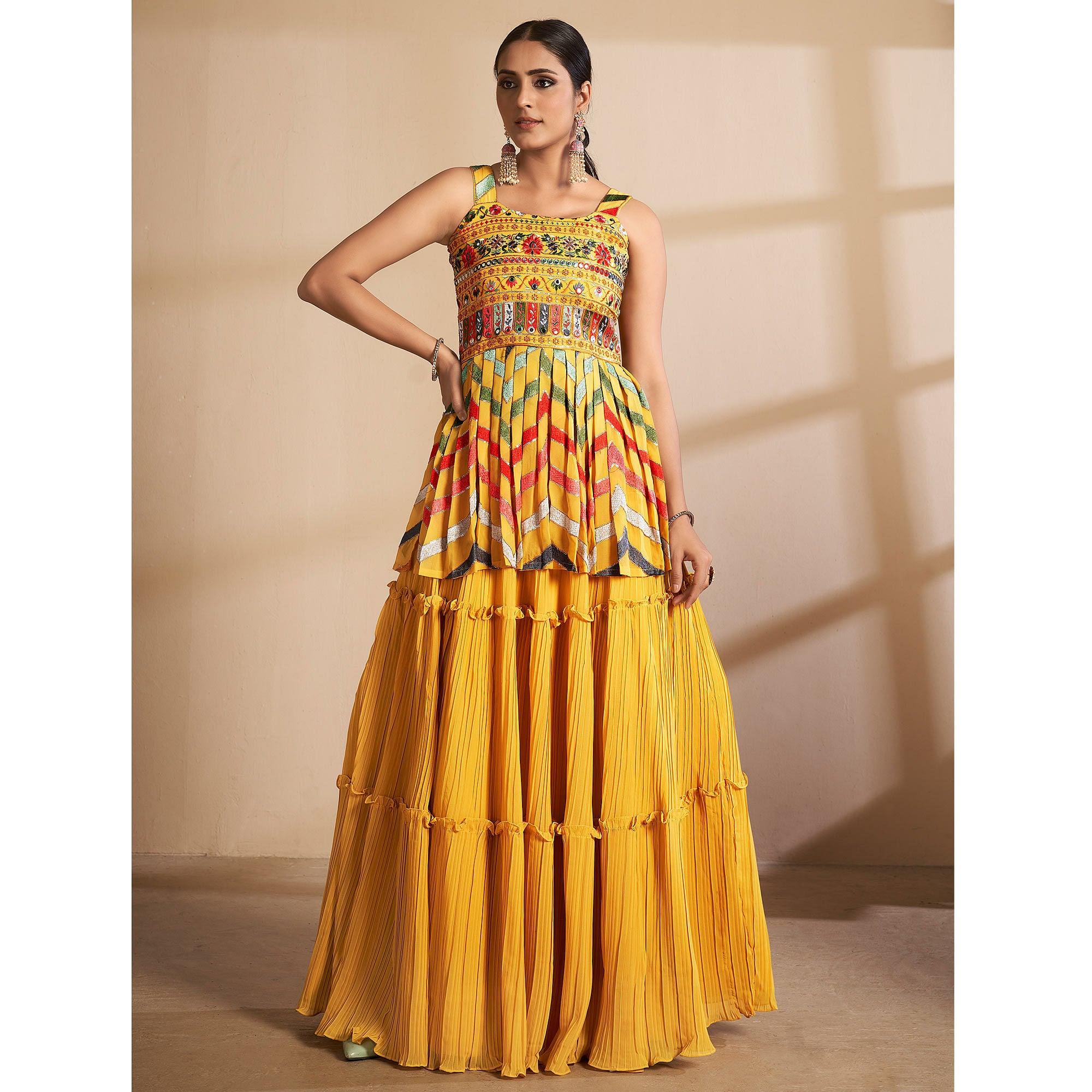 Yellow Partywear Embroidered Georgette Sharara Suit - Peachmode