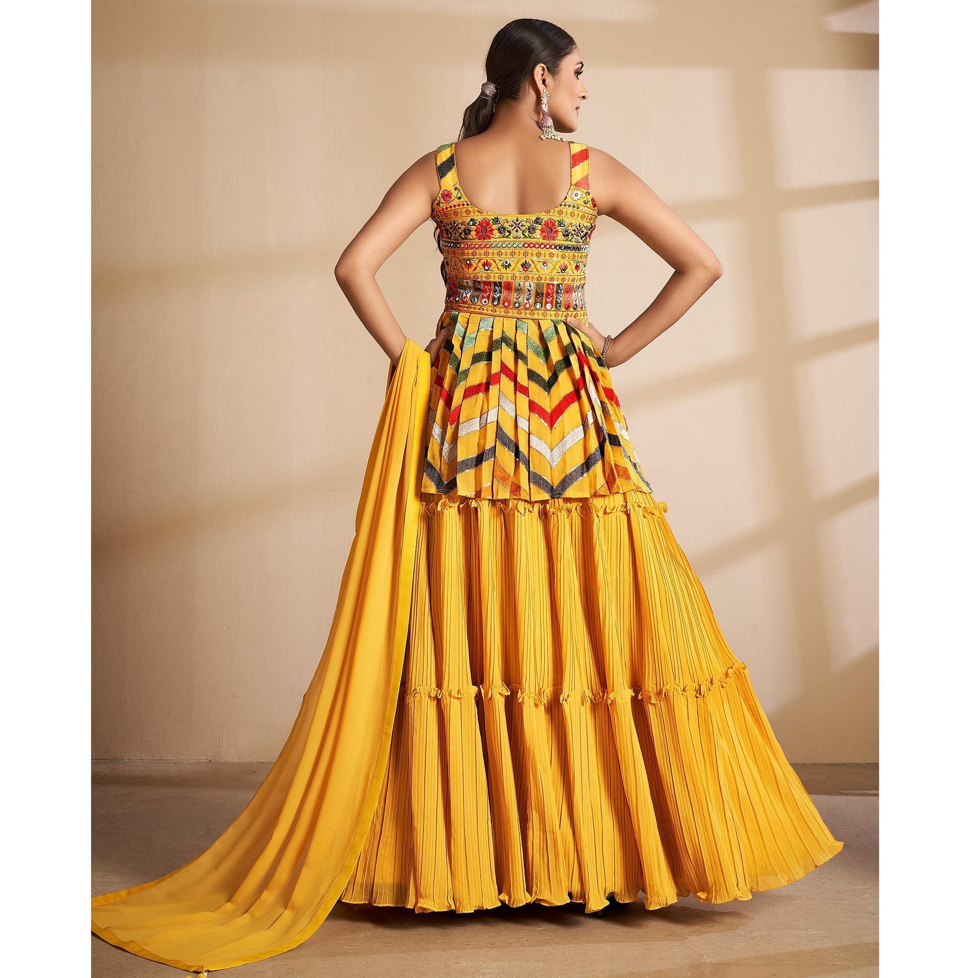 Yellow Partywear Embroidered Georgette Sharara Suit - Peachmode