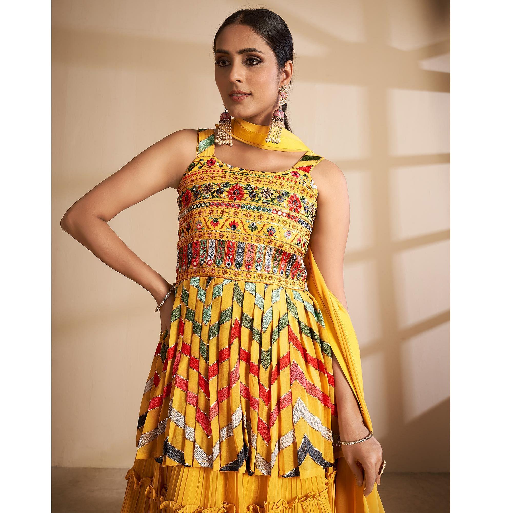 Yellow Partywear Embroidered Georgette Sharara Suit - Peachmode