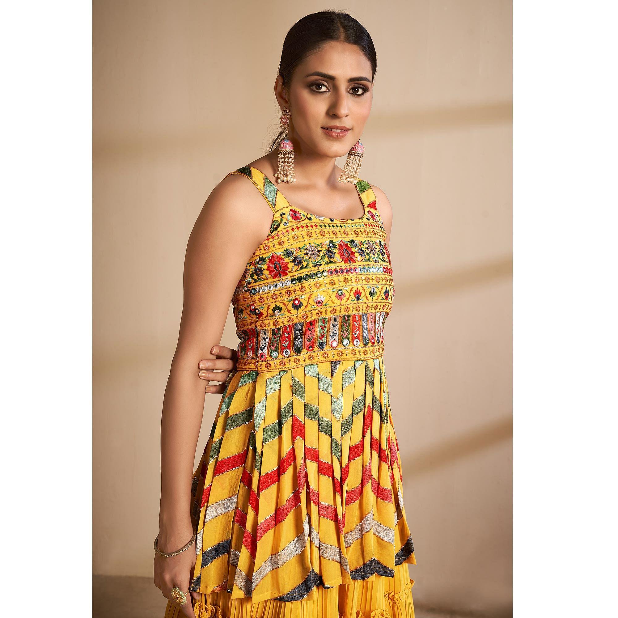 Yellow Partywear Embroidered Georgette Sharara Suit - Peachmode
