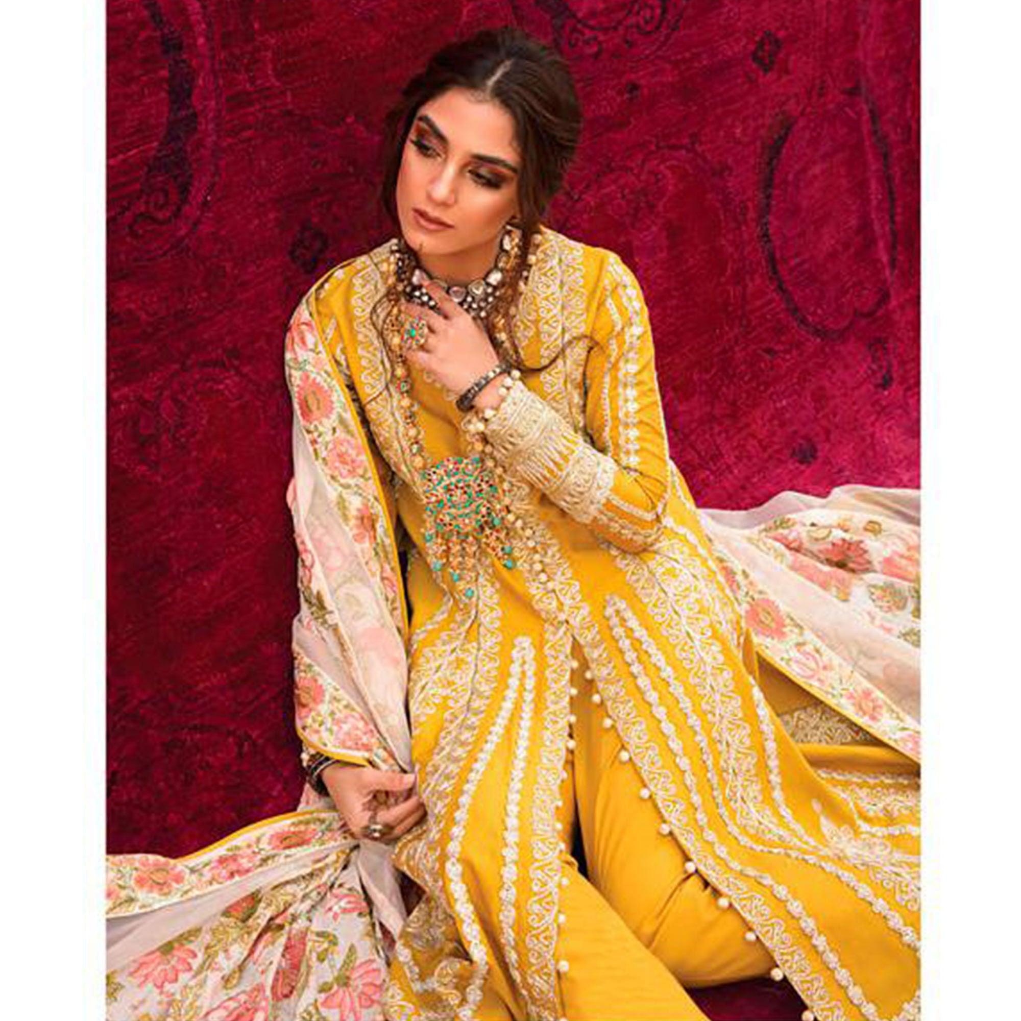 Yellow Partywear Embroidered Heavy Jam Cotton Pakistani Suit - Peachmode