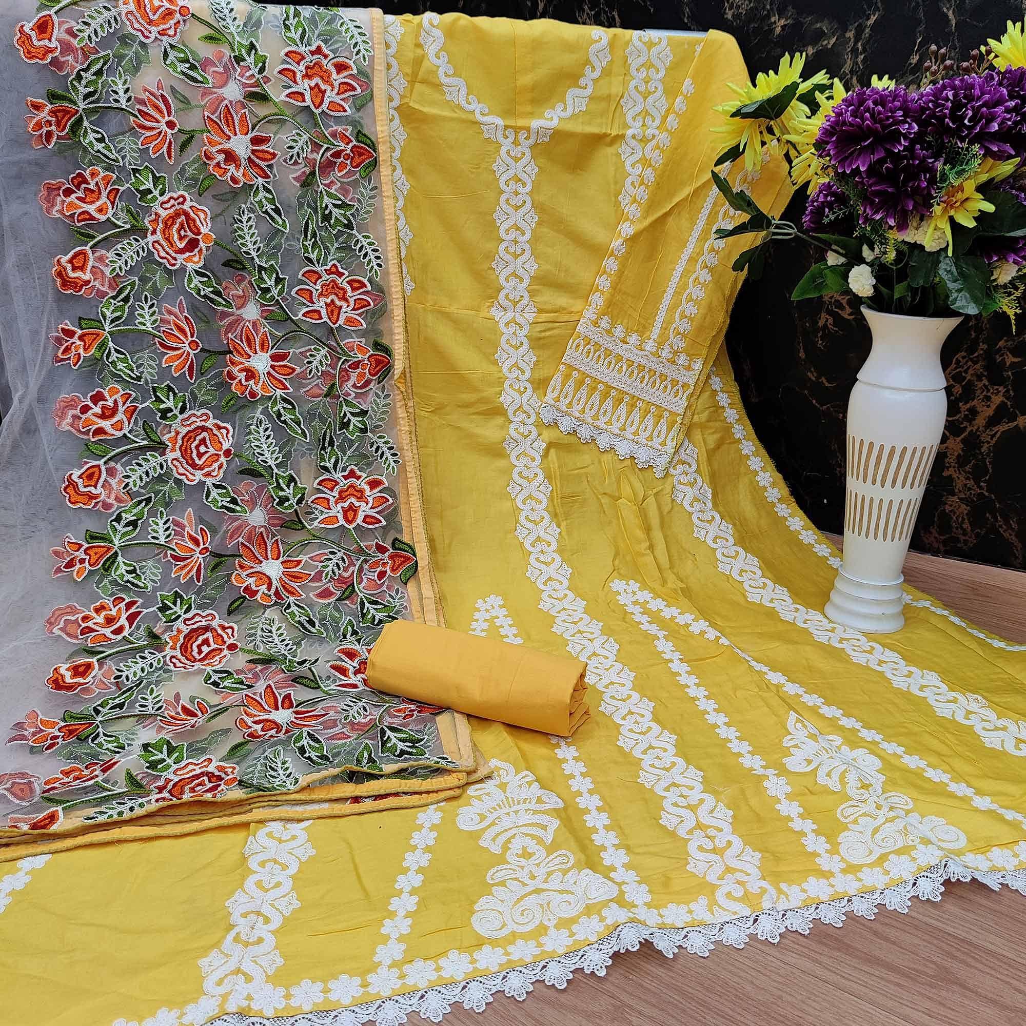 Yellow Partywear Embroidered Heavy Jam Cotton Pakistani Suit - Peachmode