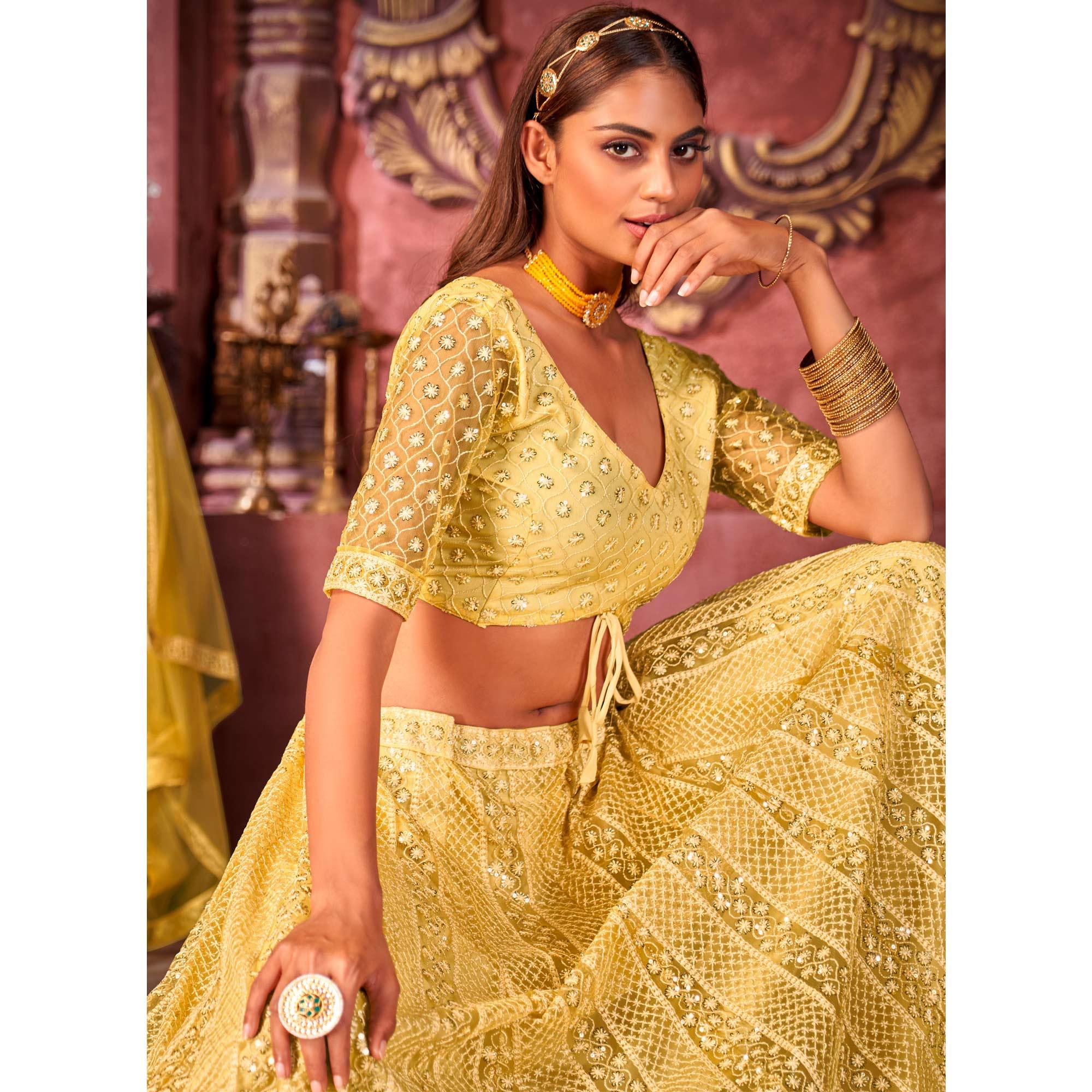 Yellow Partywear Embroidered Net Lehenga Choli - Peachmode