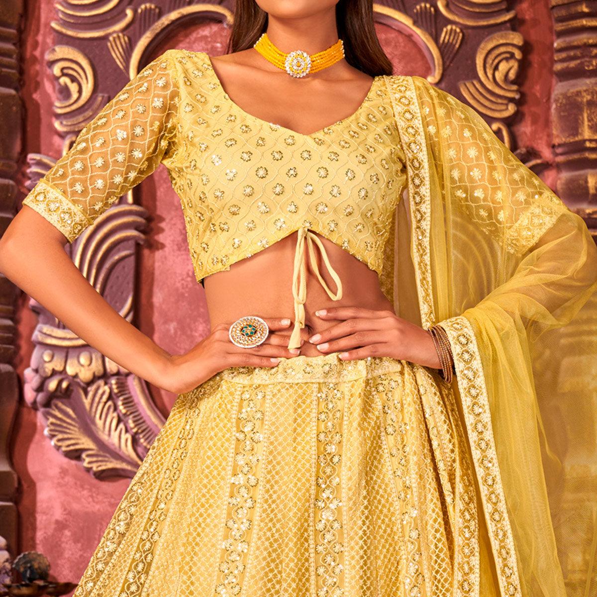 Yellow Partywear Embroidered Net Lehenga Choli - Peachmode