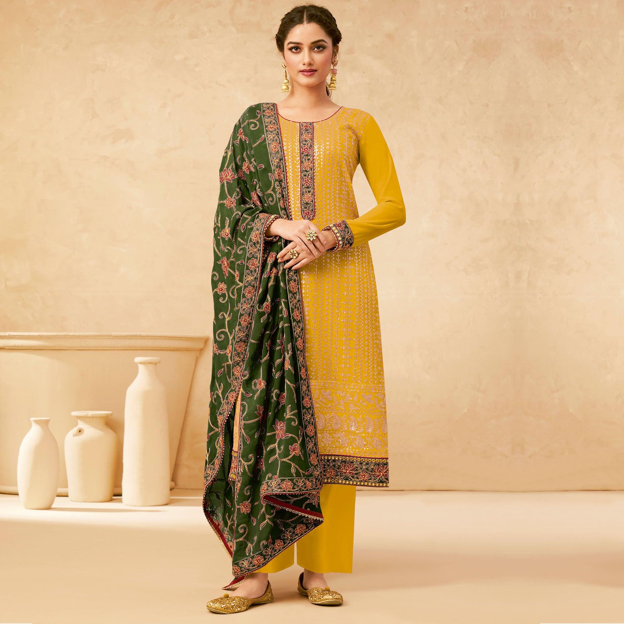 Yellow Partywear Embroidered Pure Georgette Kurti Pant Set With Dupatta - Peachmode