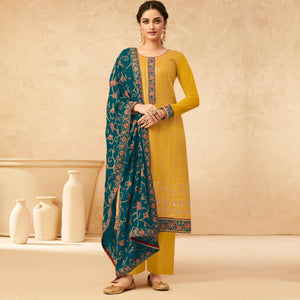 Yellow Partywear Embroidered Pure Georgette Kurti Pant Set With Dupatta - Peachmode