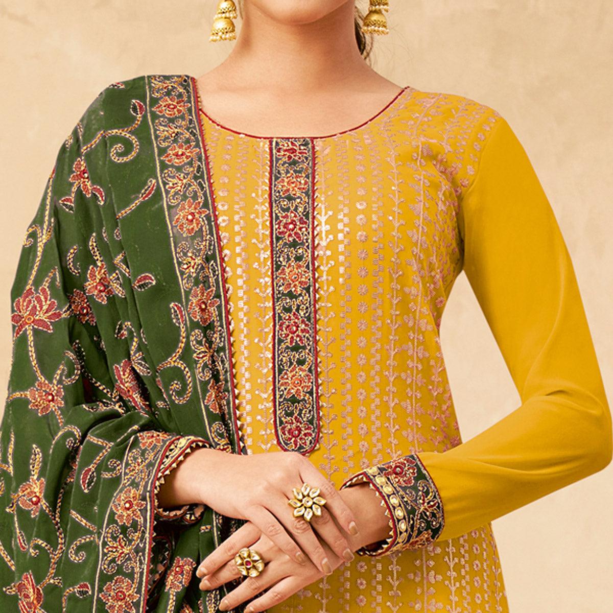 Yellow Partywear Embroidered Pure Georgette Kurti Pant Set With Dupatta - Peachmode