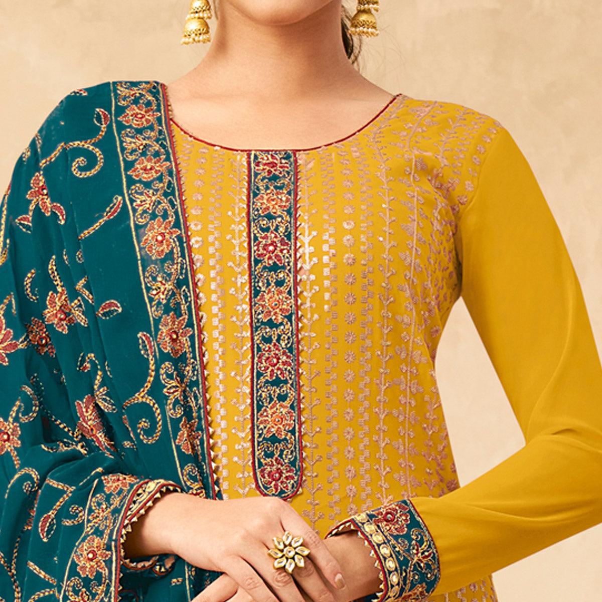 Yellow Partywear Embroidered Pure Georgette Kurti Pant Set With Dupatta - Peachmode