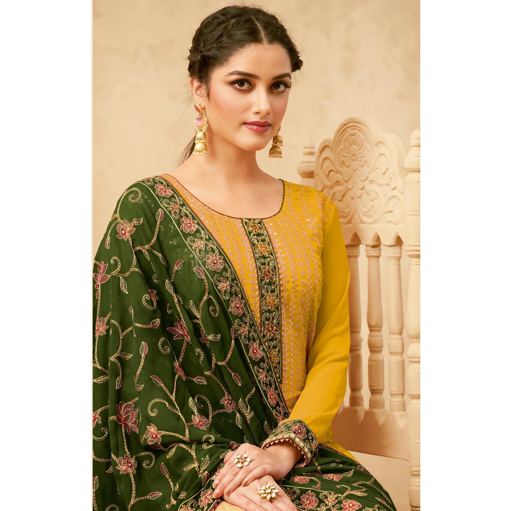 Yellow Partywear Embroidered Pure Georgette Kurti Pant Set With Dupatta - Peachmode