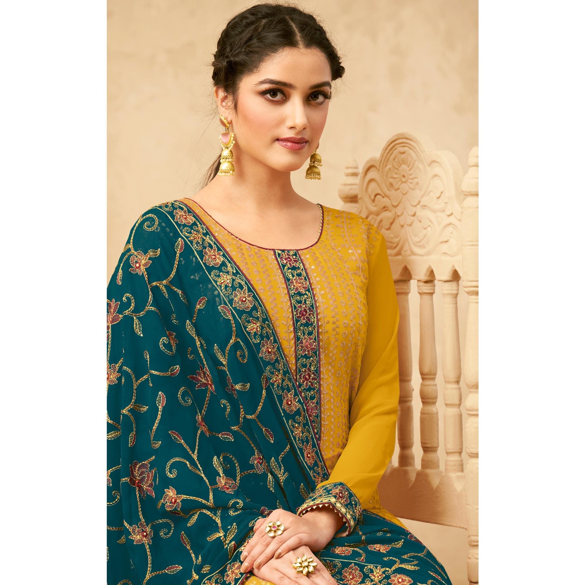 Yellow Partywear Embroidered Pure Georgette Kurti Pant Set With Dupatta - Peachmode