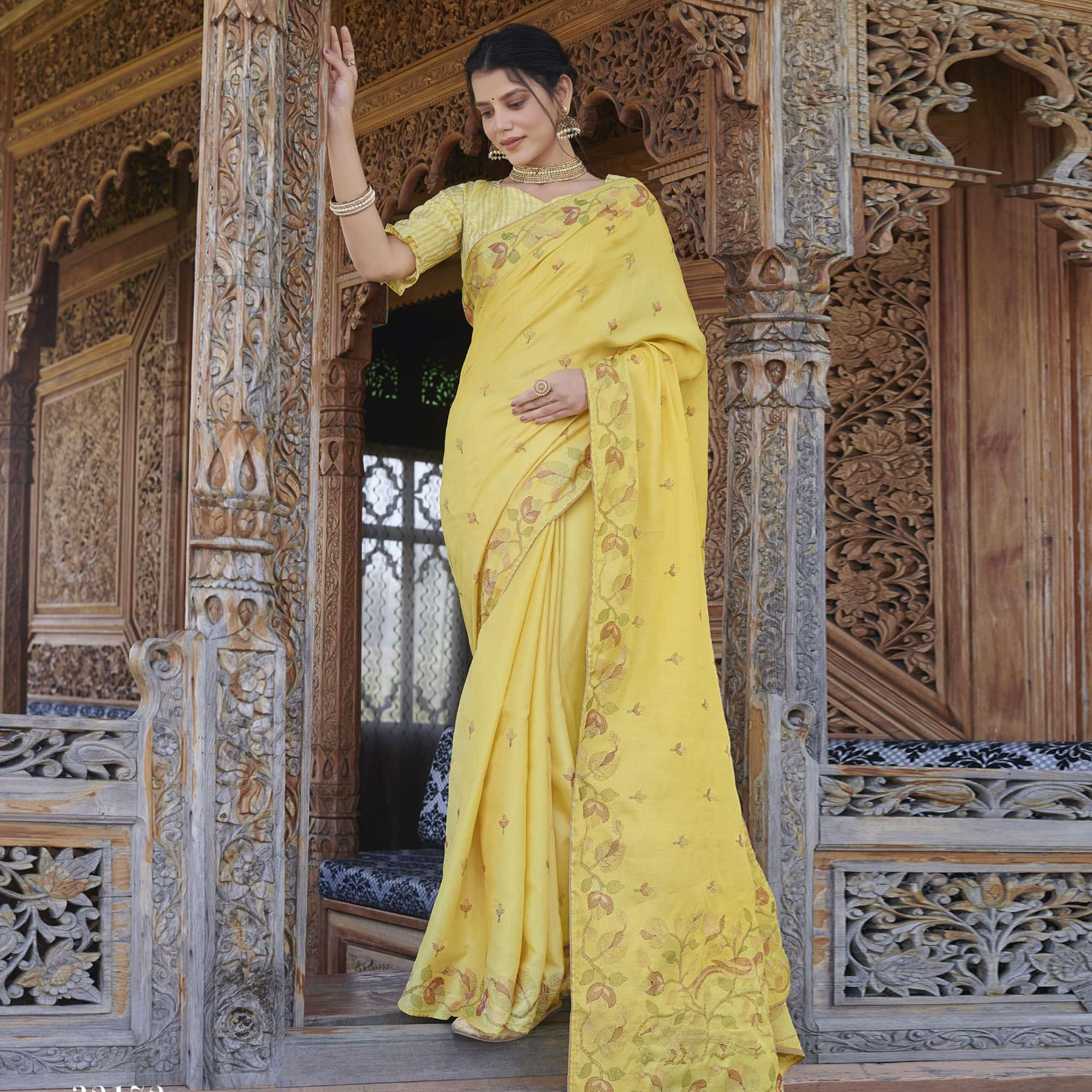 Yellow Partywear Embroidered Silk Saree - Peachmode