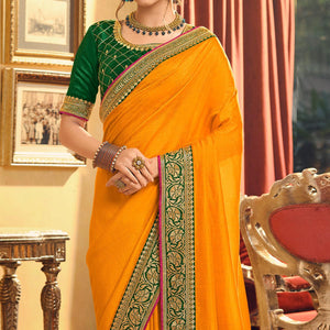 Yellow Partywear Embroidered Silk Saree - Peachmode