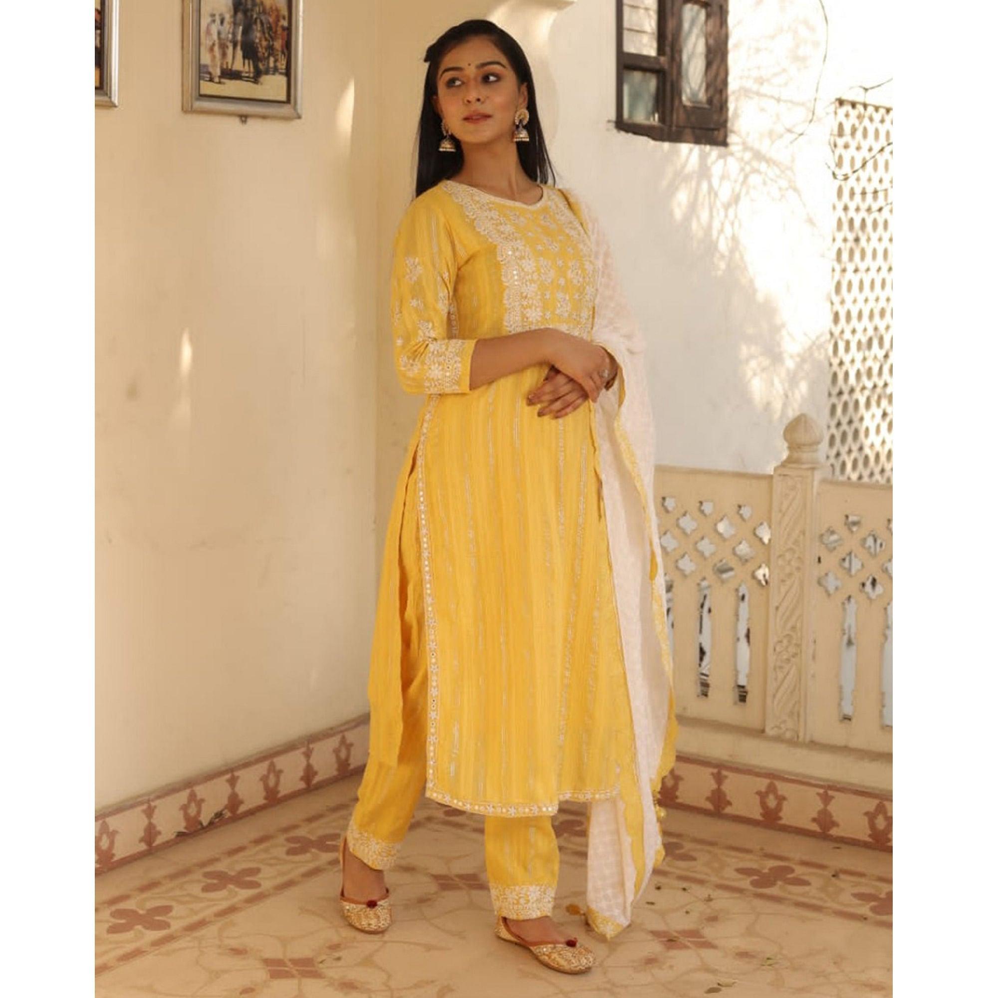 Yellow Partywear Embroidery With Embellished Cotton Kurti Pant Set - Peachmode