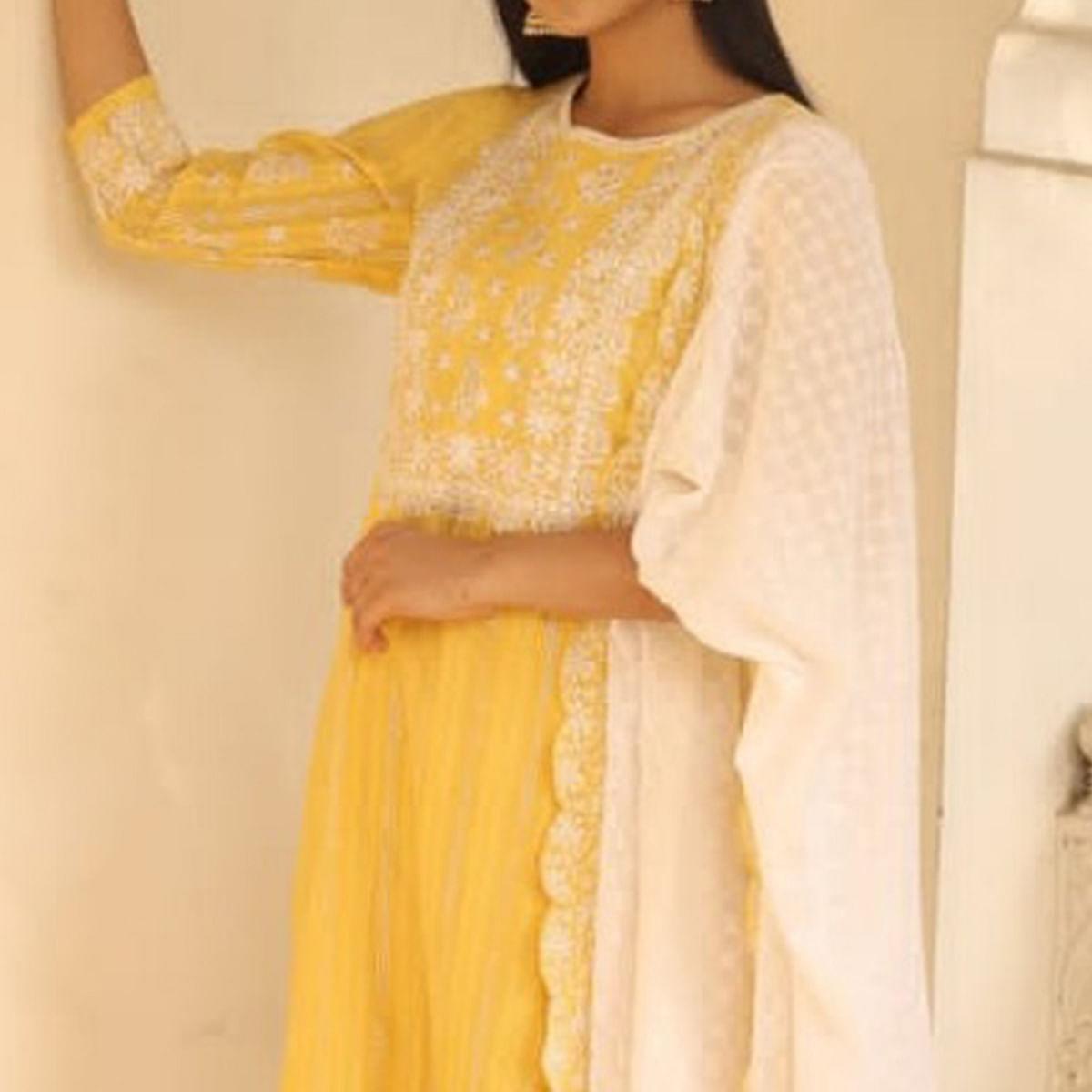 Yellow Partywear Embroidery With Embellished Cotton Kurti Pant Set - Peachmode