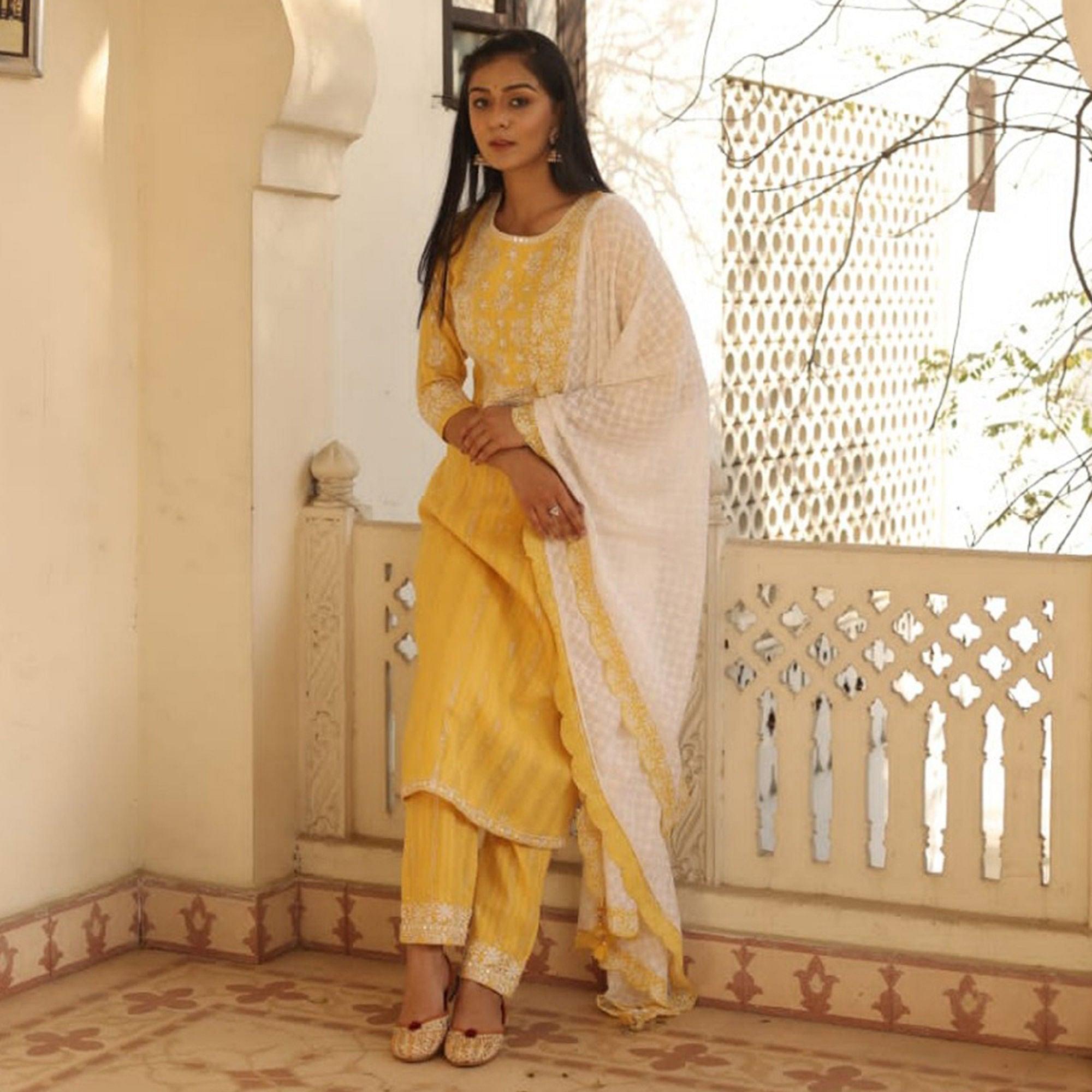 Yellow Partywear Embroidery With Embellished Cotton Kurti Pant Set - Peachmode