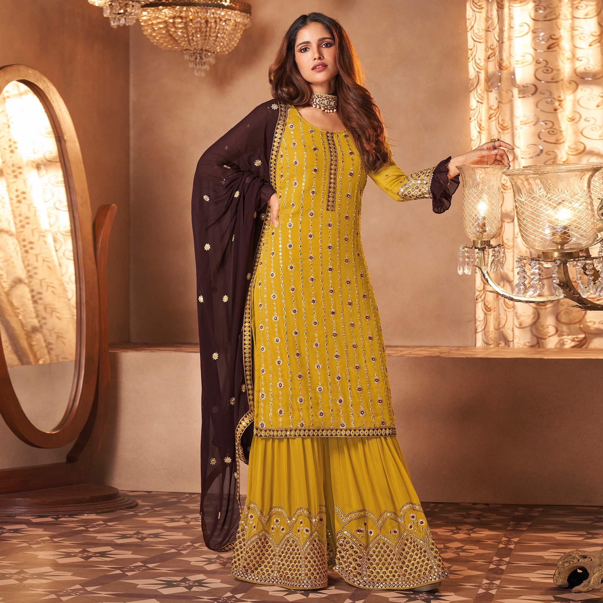 Yellow Partywear Embroidery With Embellished Georgette Palazzo Suit - Peachmode