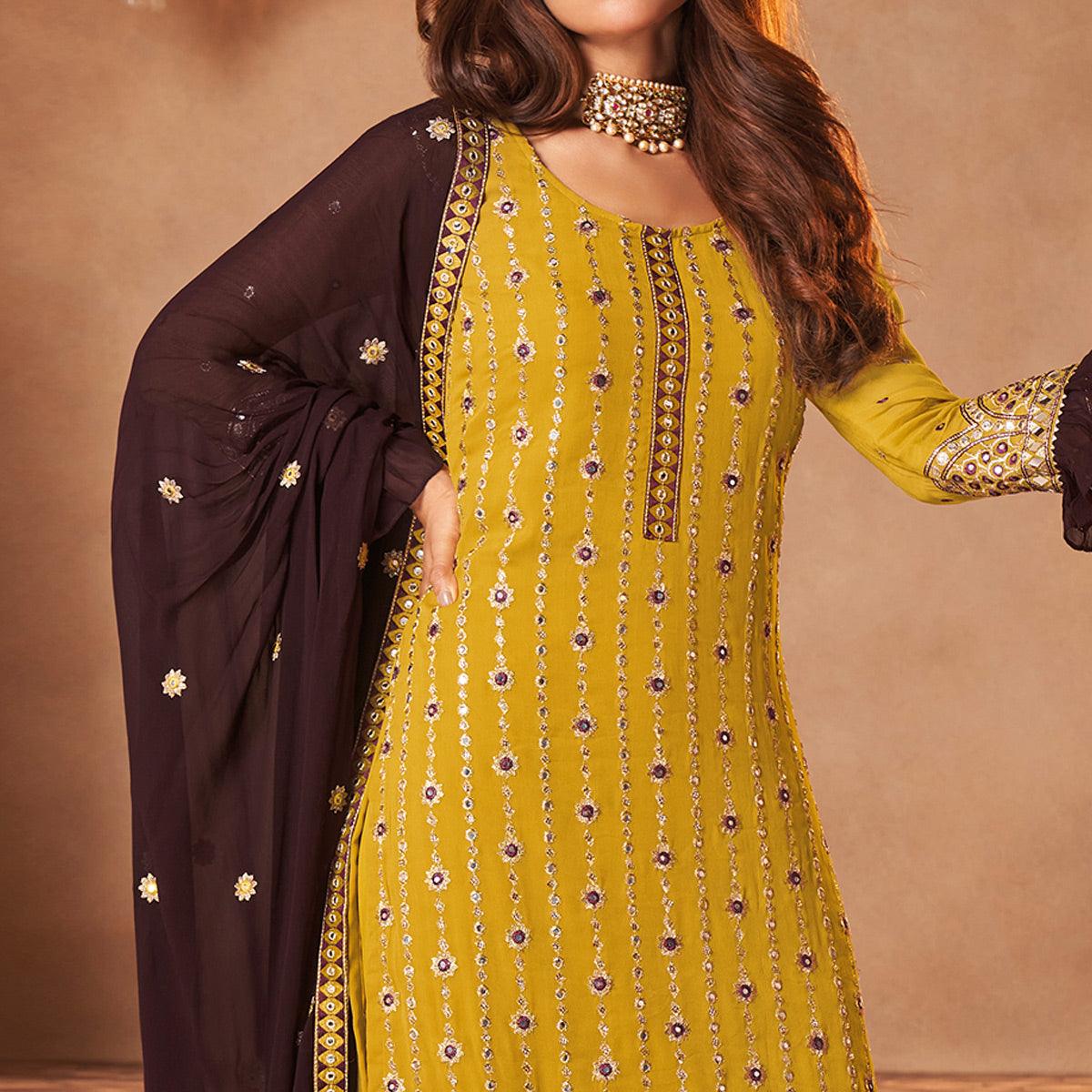 Yellow Partywear Embroidery With Embellished Georgette Palazzo Suit - Peachmode