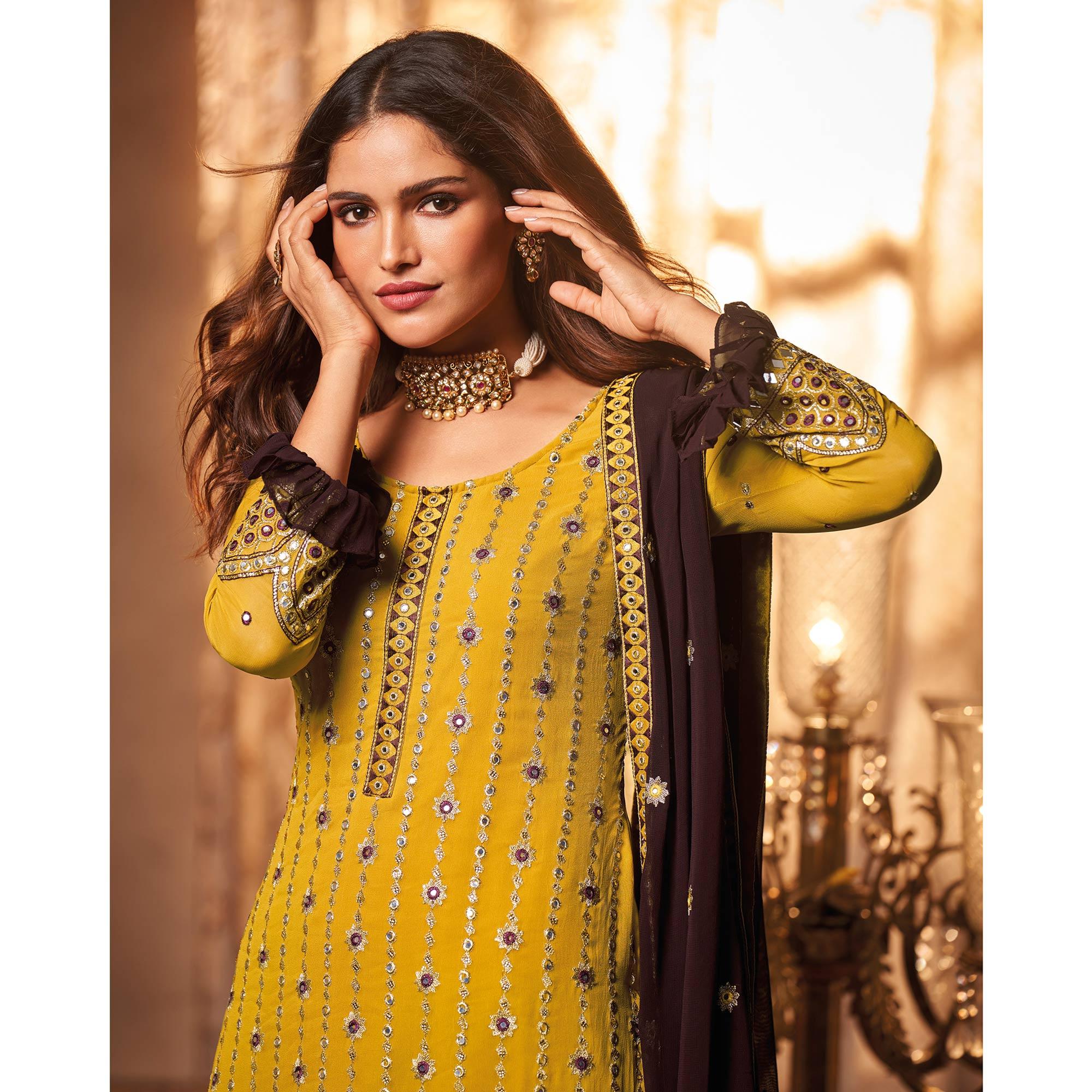 Yellow Partywear Embroidery With Embellished Georgette Palazzo Suit - Peachmode
