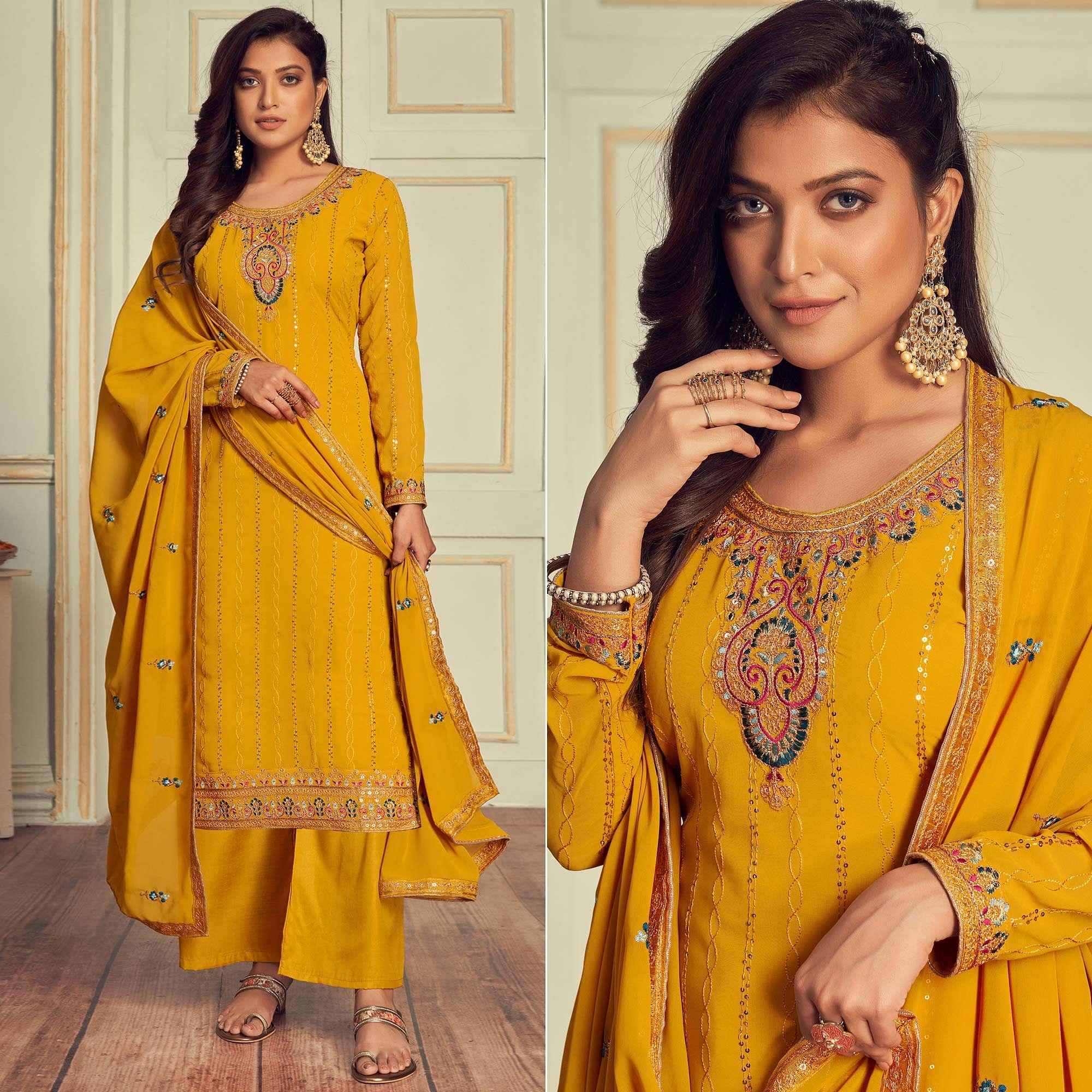 Yellow Partywear Embroidery With Embellished Georgette Suit - Peachmode