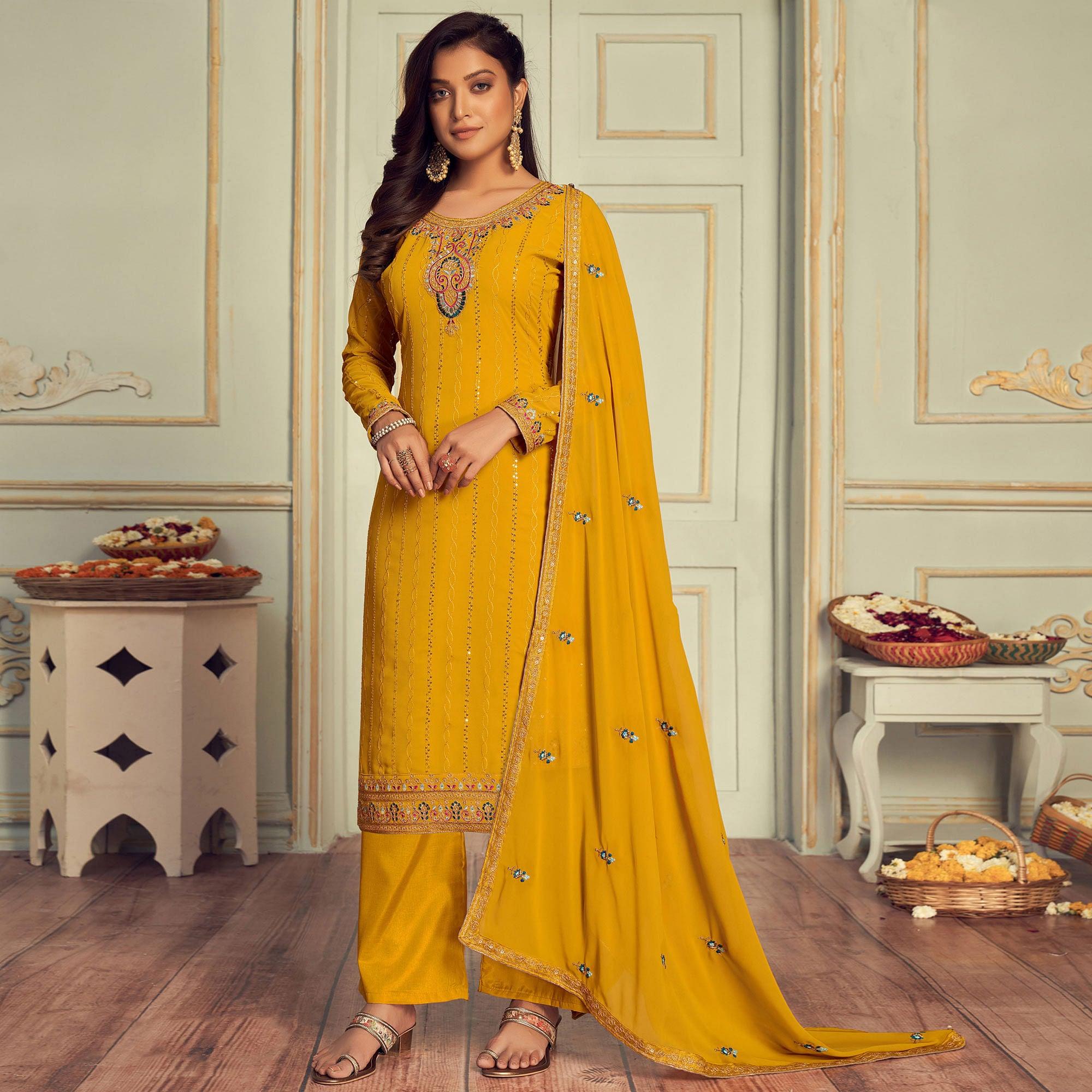 Yellow Partywear Embroidery With Embellished Georgette Suit - Peachmode