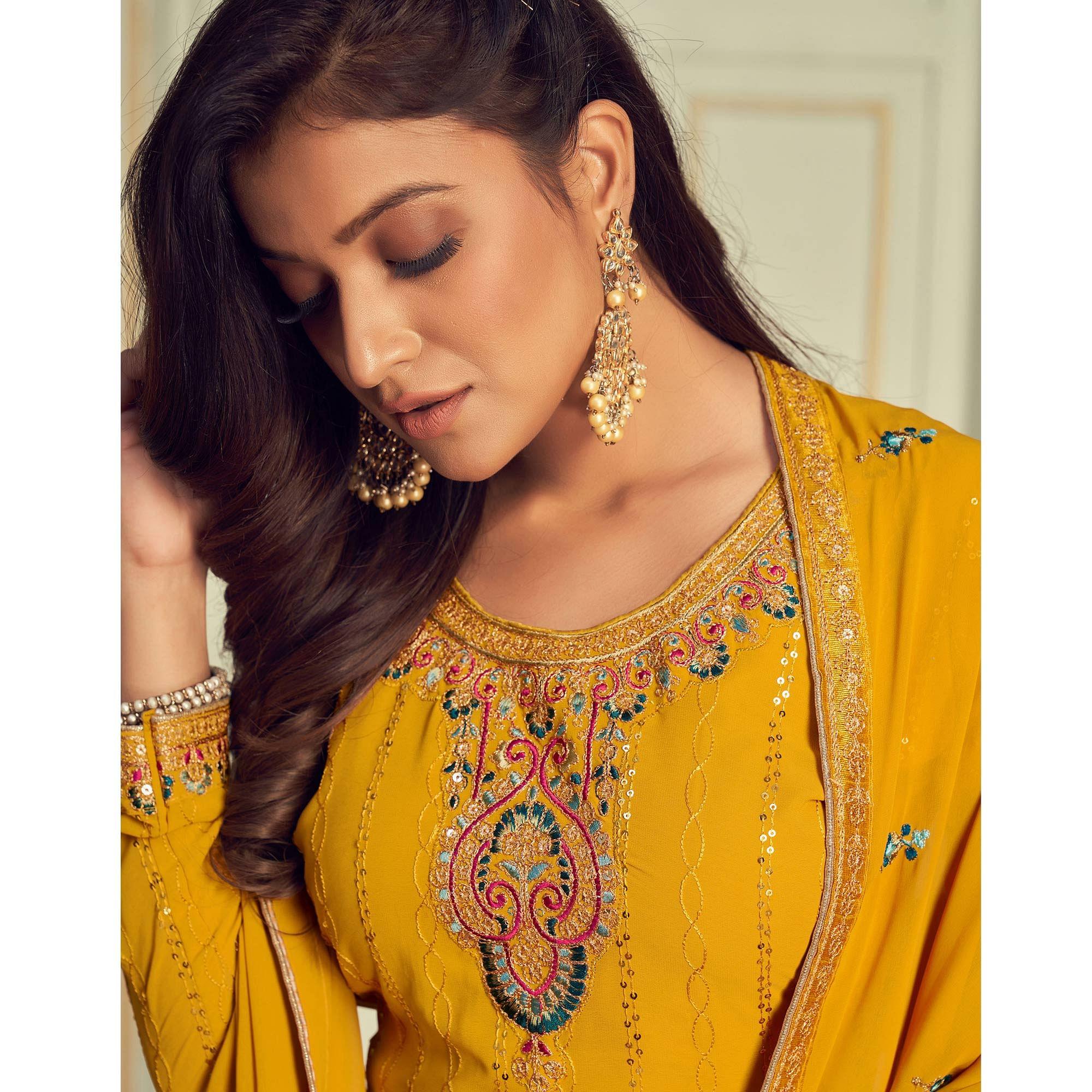 Yellow Partywear Embroidery With Embellished Georgette Suit - Peachmode