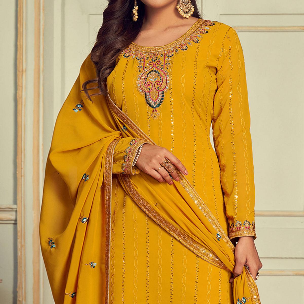 Yellow Partywear Embroidery With Embellished Georgette Suit - Peachmode