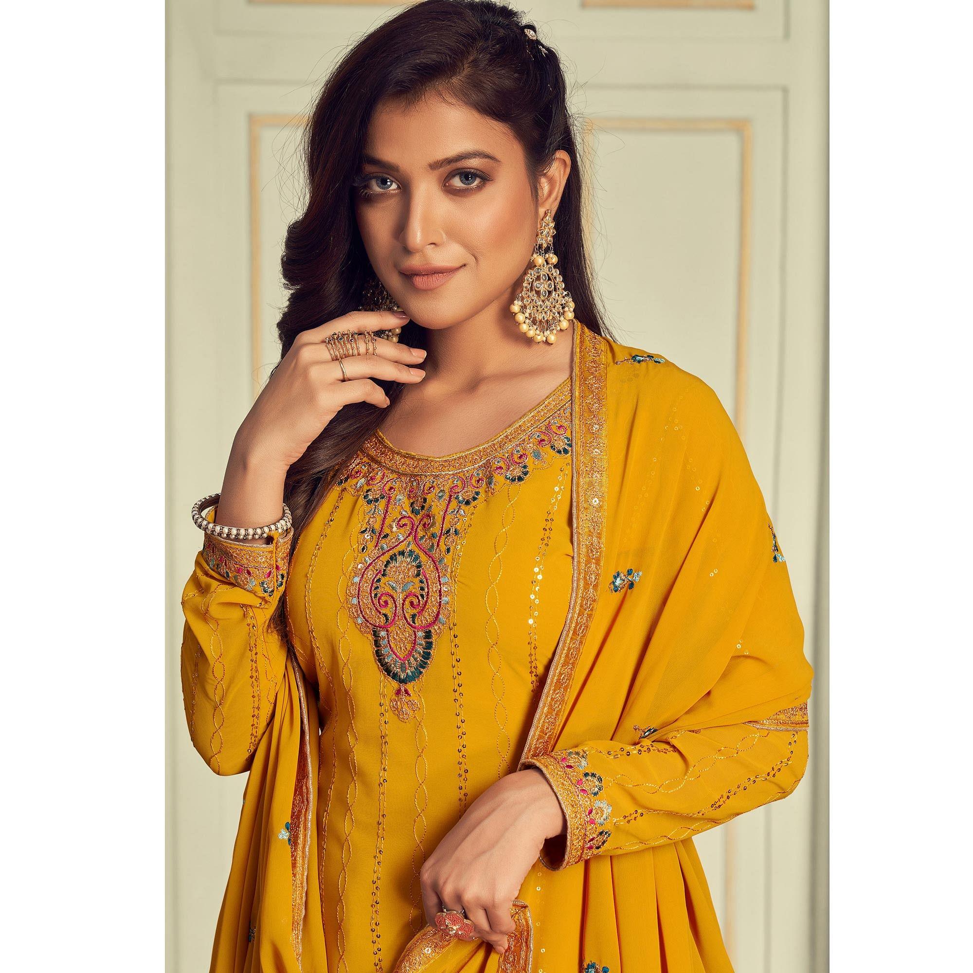 Yellow Partywear Embroidery With Embellished Georgette Suit - Peachmode