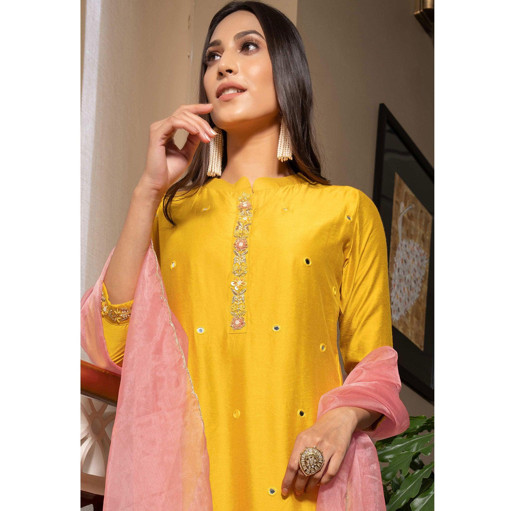 Yellow Partywear Embroidery With Mirror Work Chanderi Salwar Suit - Peachmode
