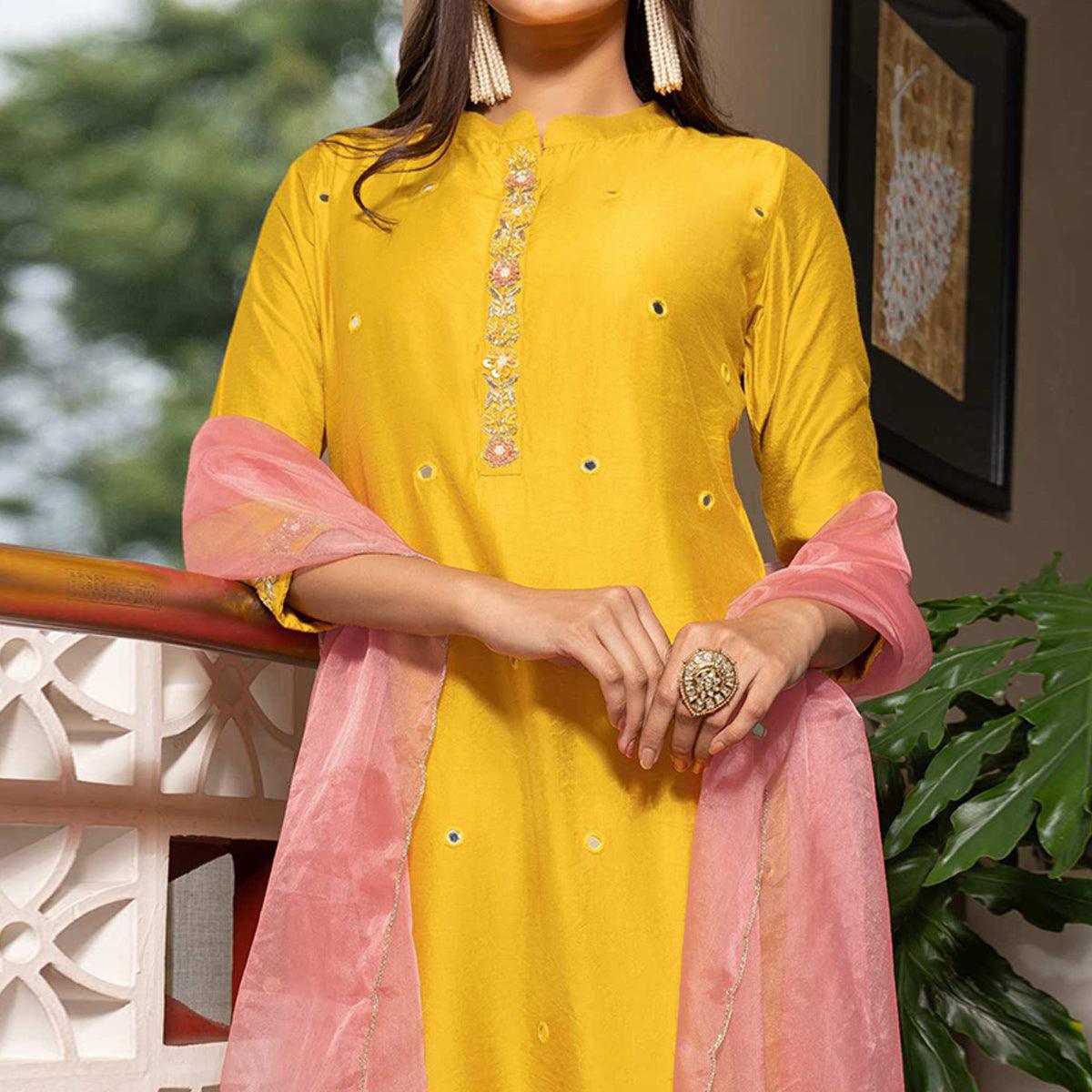 Yellow Partywear Embroidery With Mirror Work Chanderi Salwar Suit - Peachmode