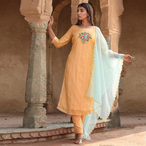 Yellow Partywear Floral Embroidered Cotton Kurti Pant Set With Dupatta - Peachmode