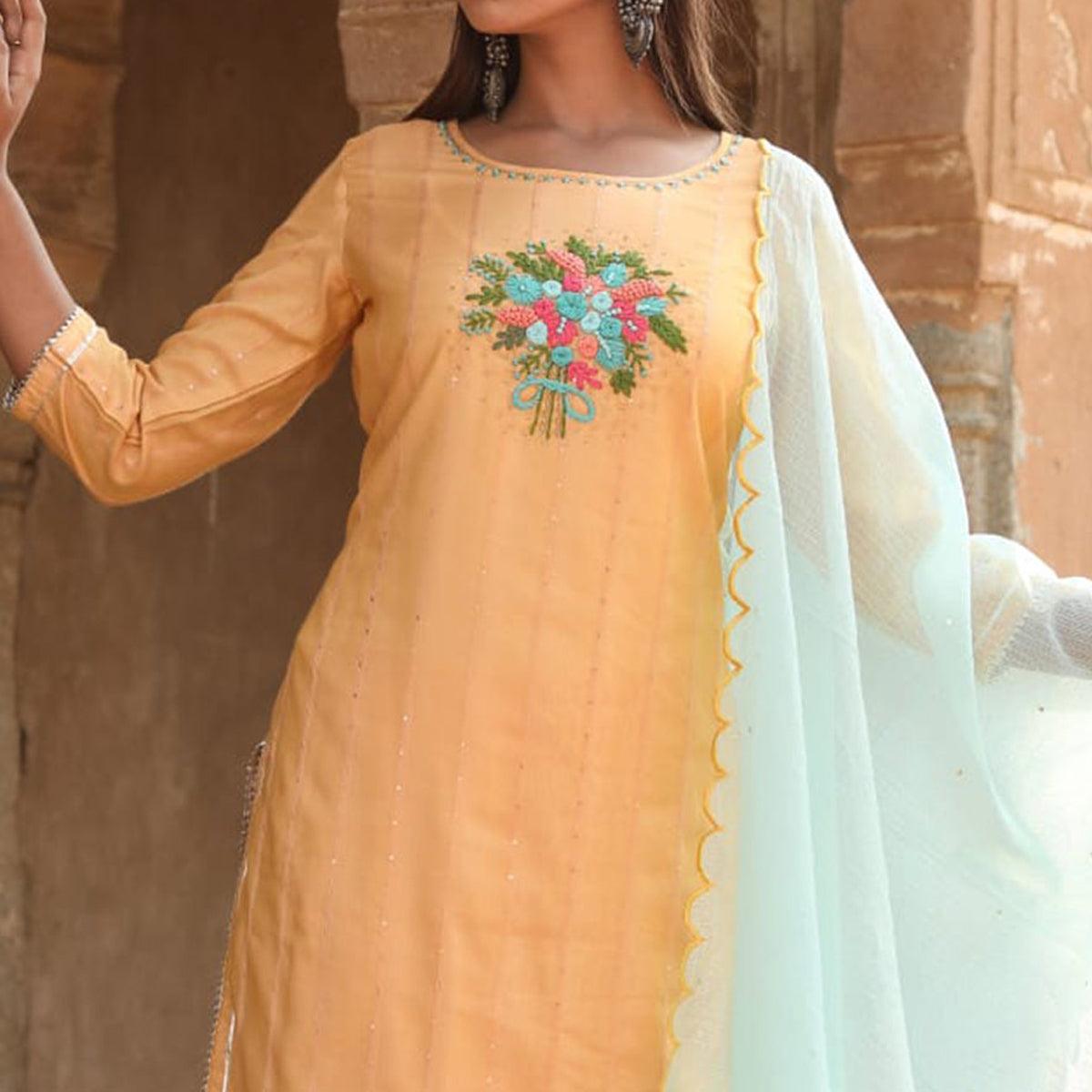 Yellow Partywear Floral Embroidered Cotton Kurti Pant Set With Dupatta - Peachmode
