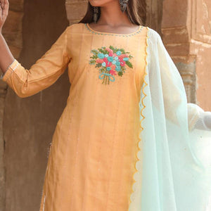Yellow Partywear Floral Embroidered Cotton Kurti Pant Set With Dupatta - Peachmode