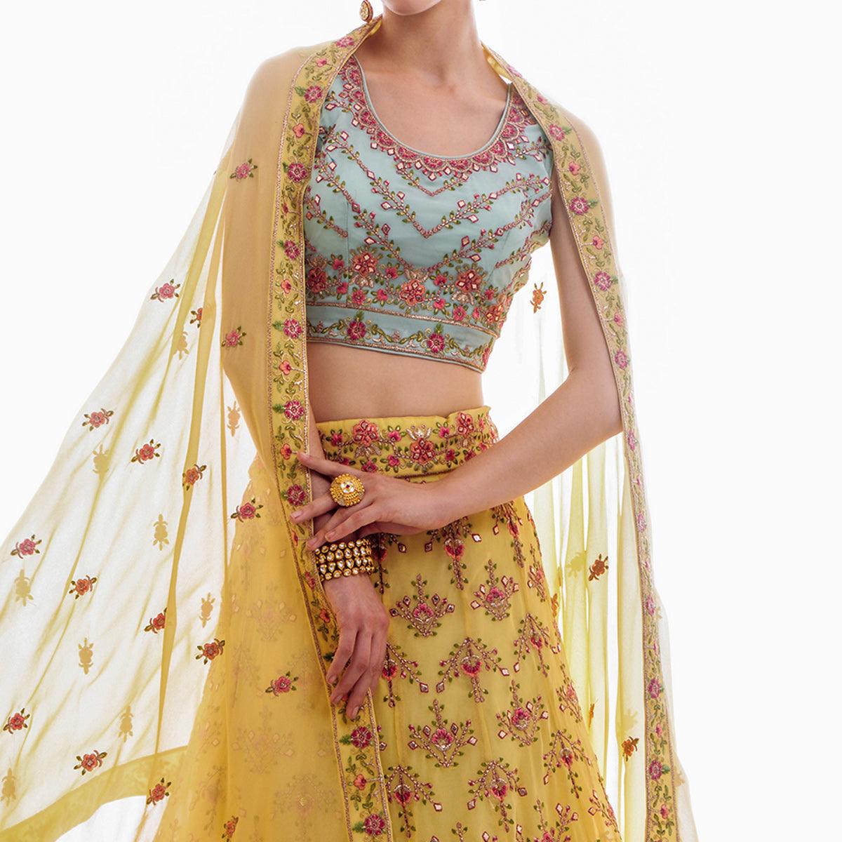 Yellow Partywear Floral Embroidered Georgette Lehenga Choli - Peachmode