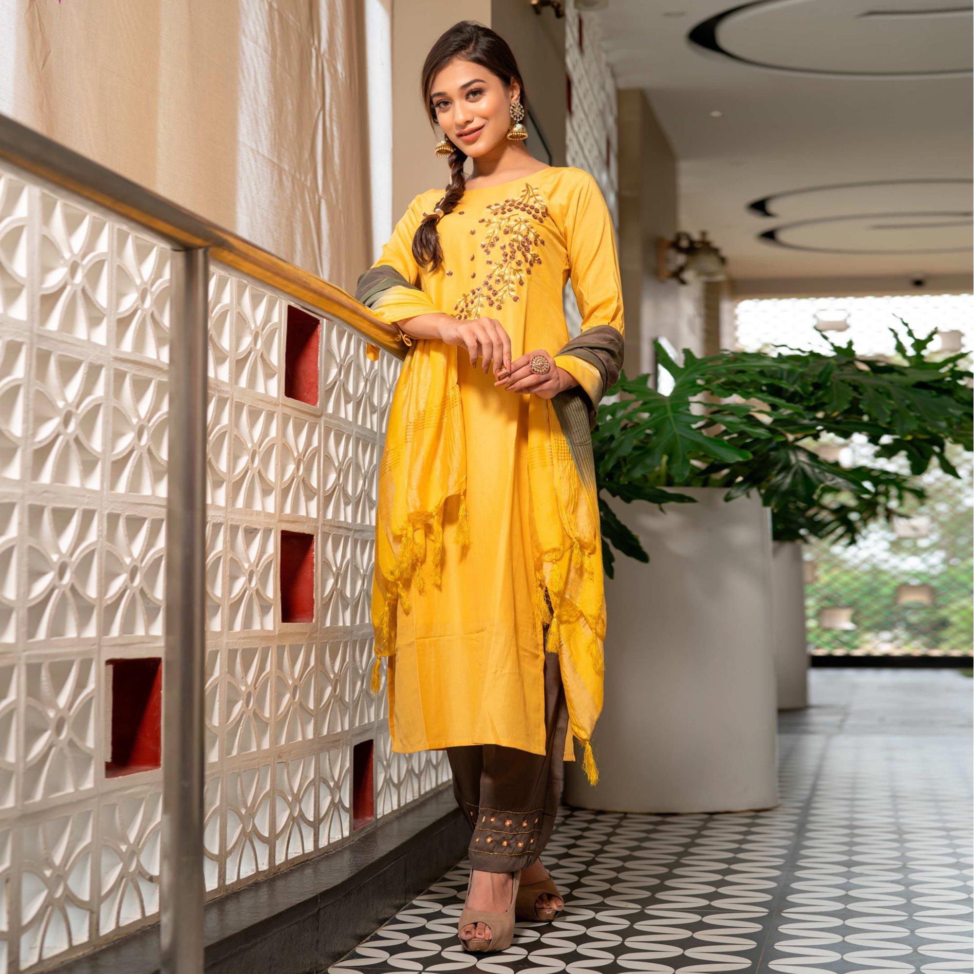 Yellow Partywear Floral Embroidered Georgette Suit - Peachmode