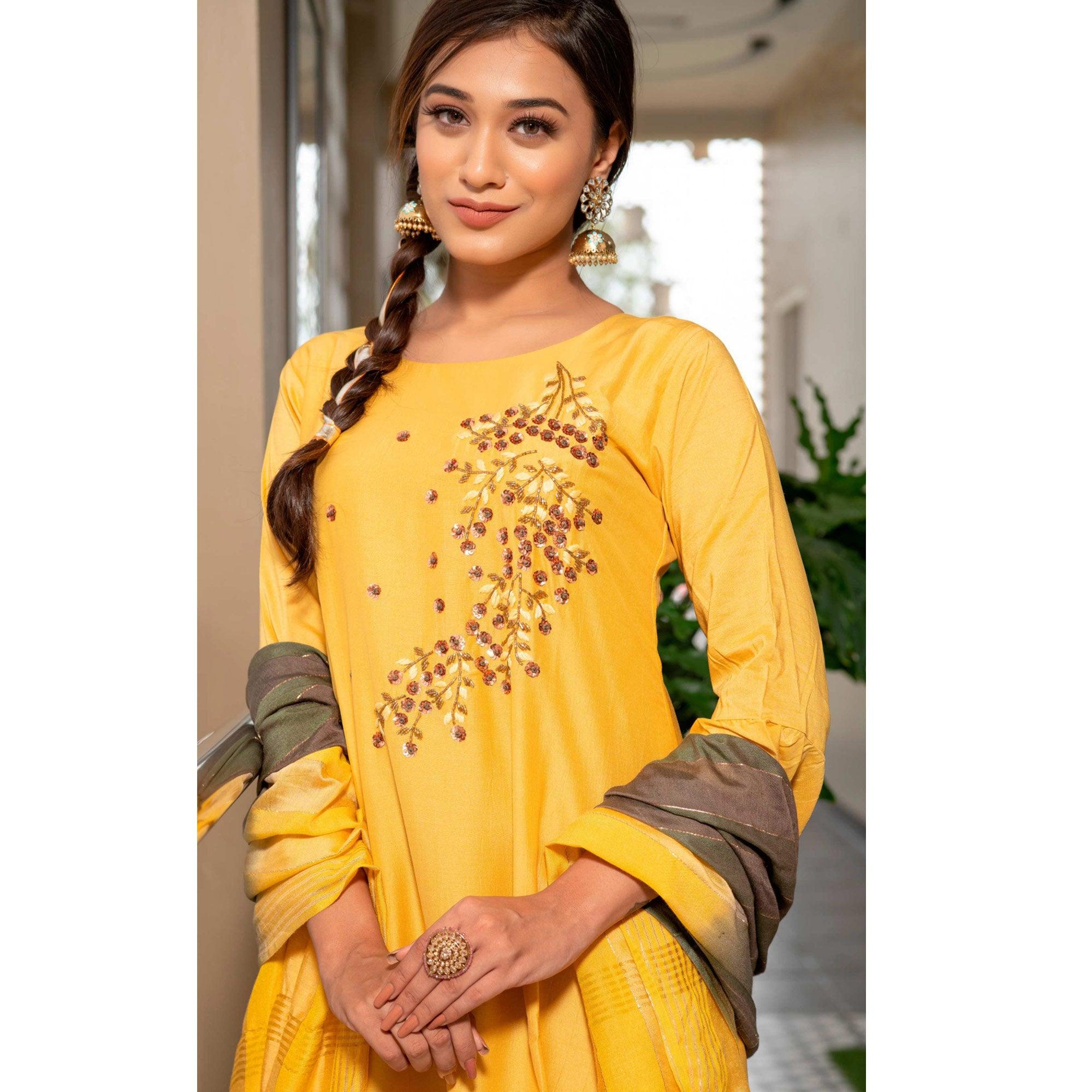 Yellow Partywear Floral Embroidered Georgette Suit - Peachmode