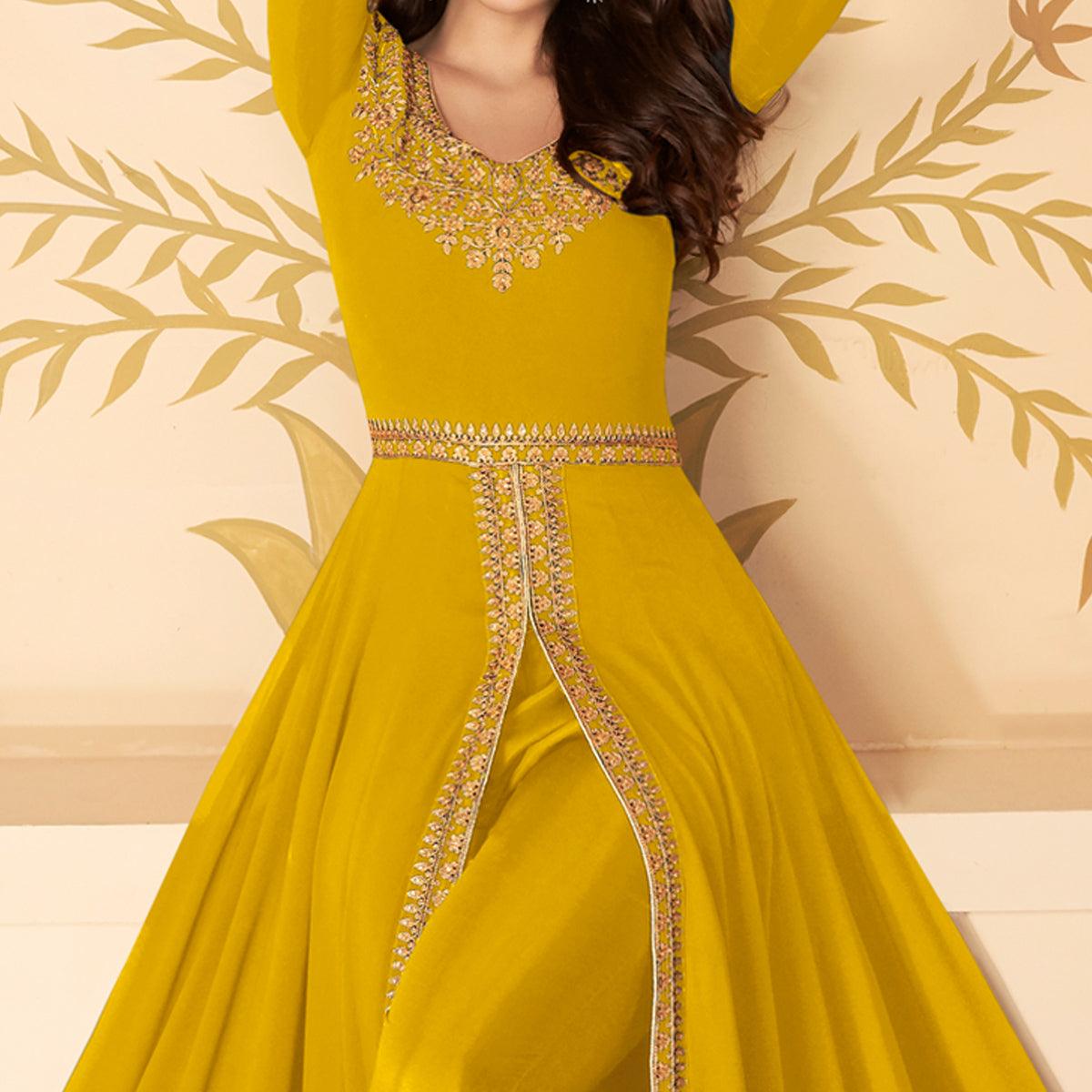 Yellow Partywear Floral Embroidered Georgette Suit - Peachmode